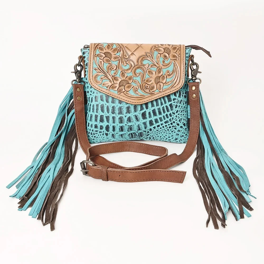 KB OHLAY MESSENGER Hand Tooled Crocodile Embossed Genuine Leather women bag western handbag purse