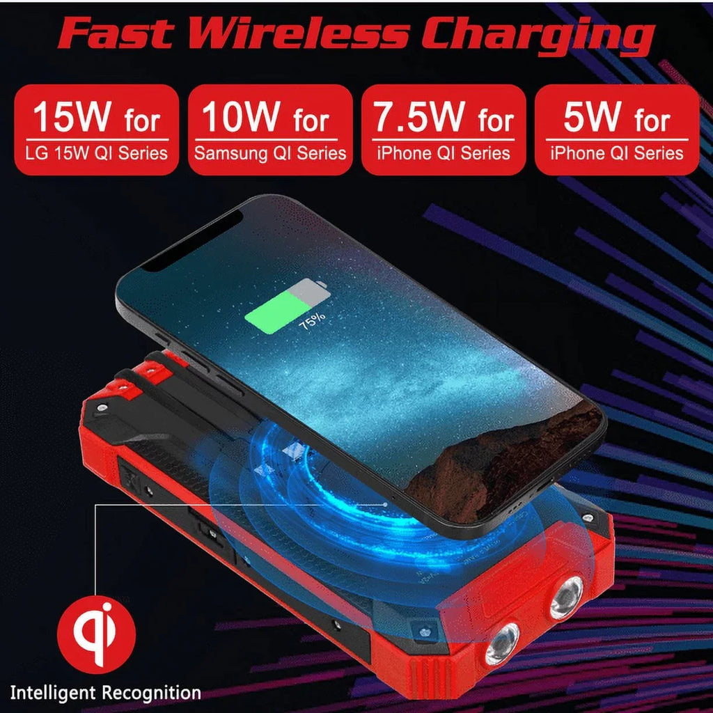 Solar Power Bank 20000mAh Built-in 4 Cables Qi Wireless Charger For Ulefone Armor 9 with LED Flashlight Solar Portable External Battery IPX4 Waterproof 15W 5V/3A USB C Port 6 Outputs 3 Inputs