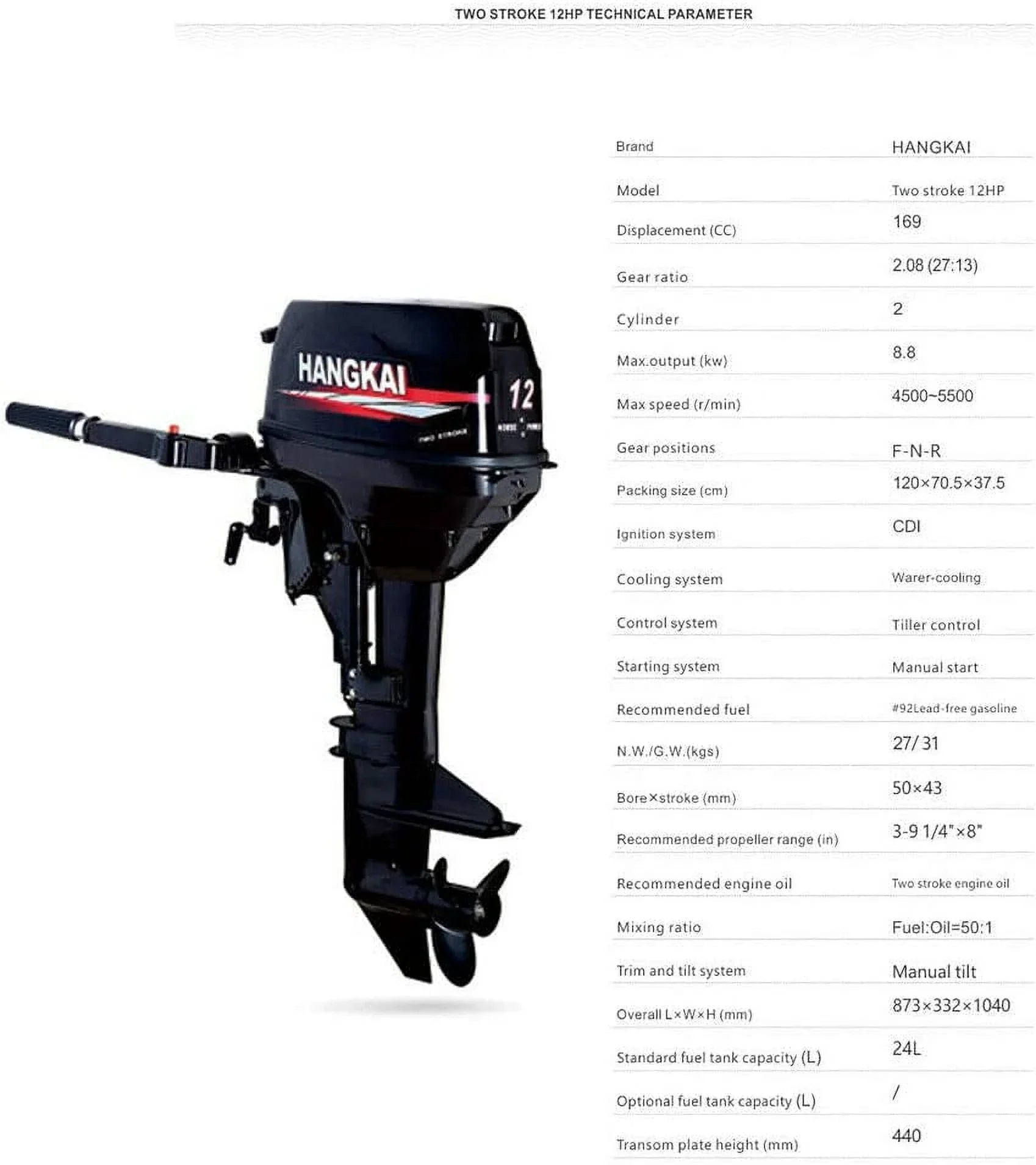 FETCOI 12 HP 2 Stroke Outboard Motor Fishing Watercraft Engine w/Water Cooling System