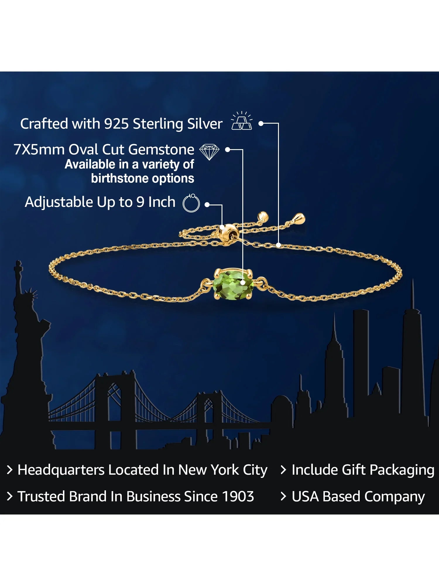 Gem Stone King 18K Yellow Gold Plated Silver Green Peridot Solitaire Bracelet For Women (0.90 Cttw, Oval Cut 7x5mm)
