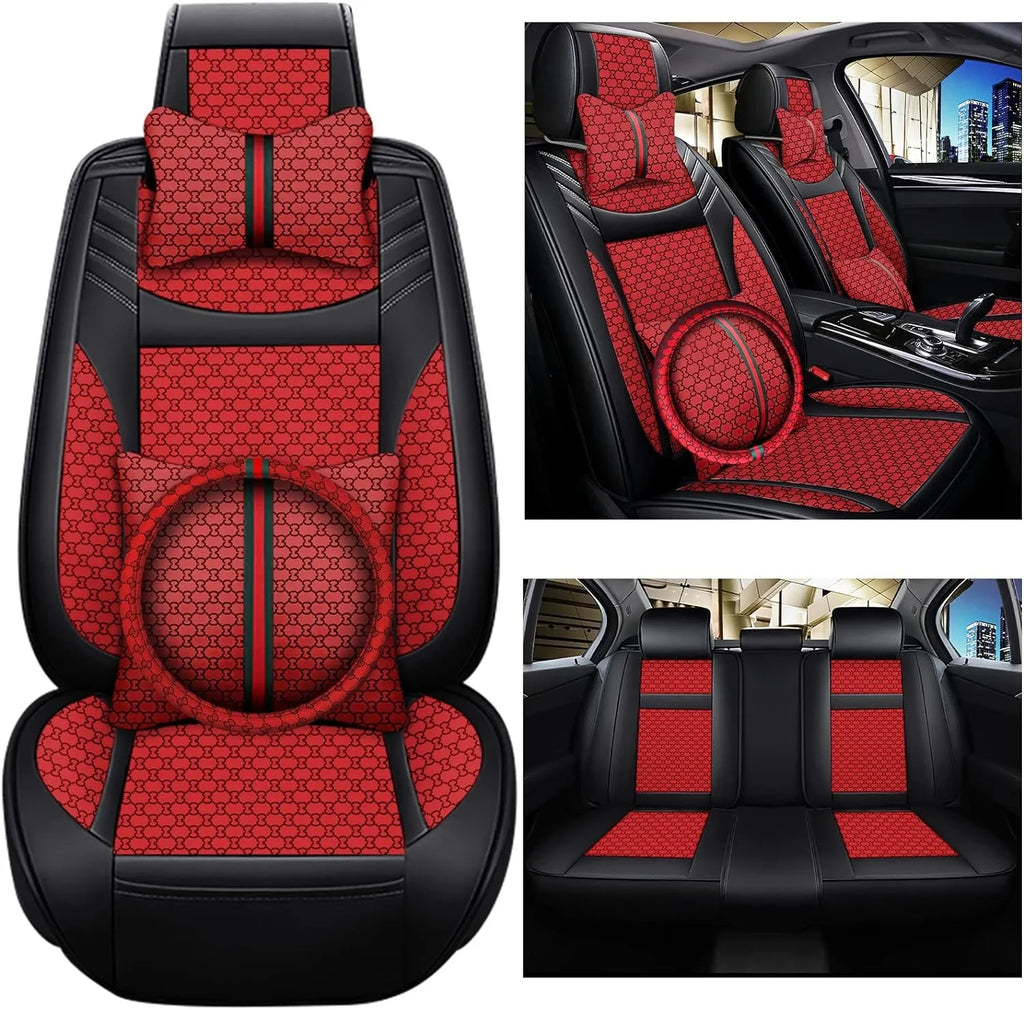 KABUQI Guc ci,same model high-end Luxury Seat Wrap Full Set Leather Fit Automotive Seat Coating & Accessories for 5 Seat Cars SUV Pick-up Trucks, Pillows and Steering Wheel Protection Included(Gray)
