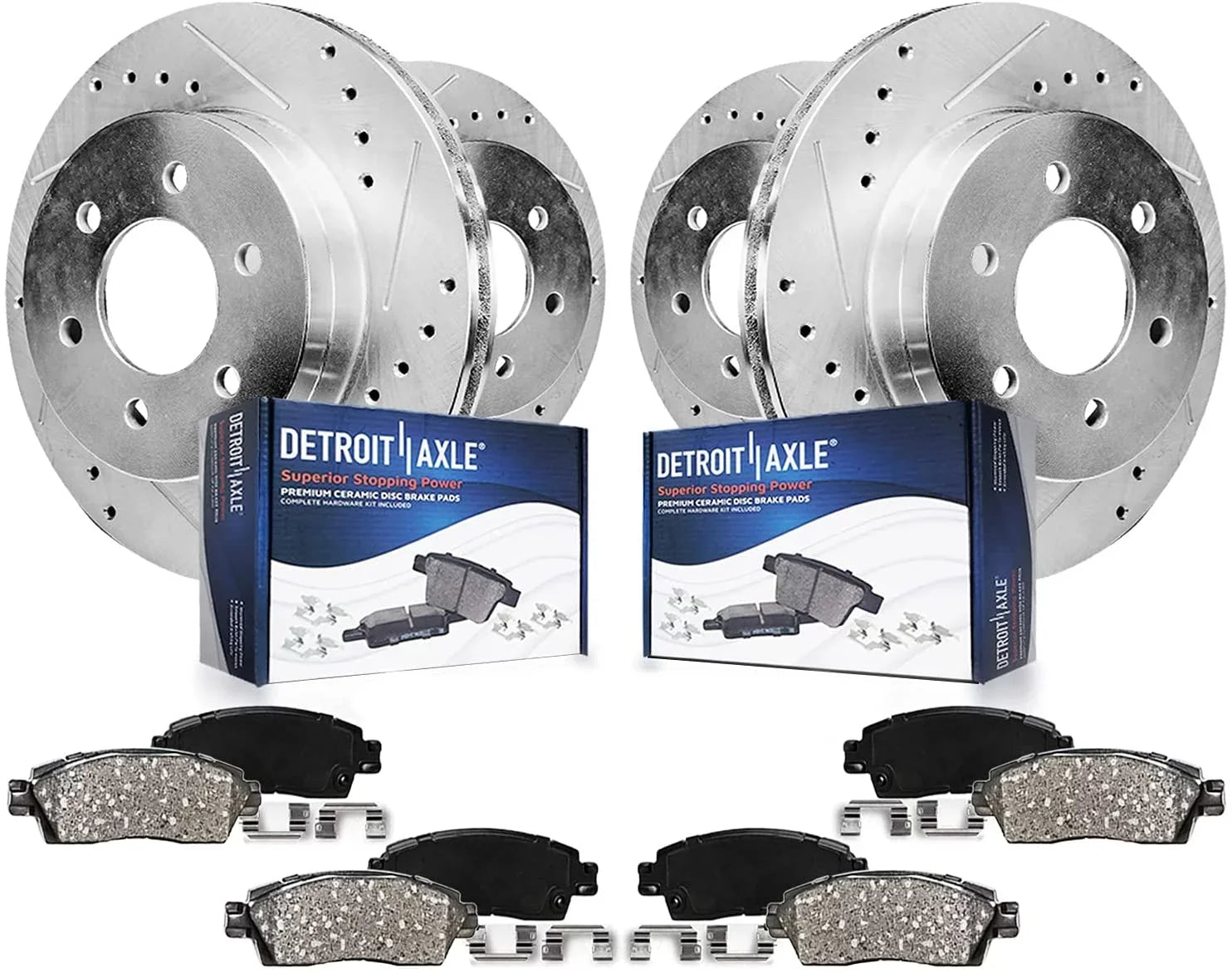 Detroit Axle - Brake Kit for 2012-2020 Ford F-150 Drilled & Slotted Disc Brake Rotors and Ceramic Brakes Pads 2013 2014 2015 2016 2017 2018 2019 Front and Rear Replacement