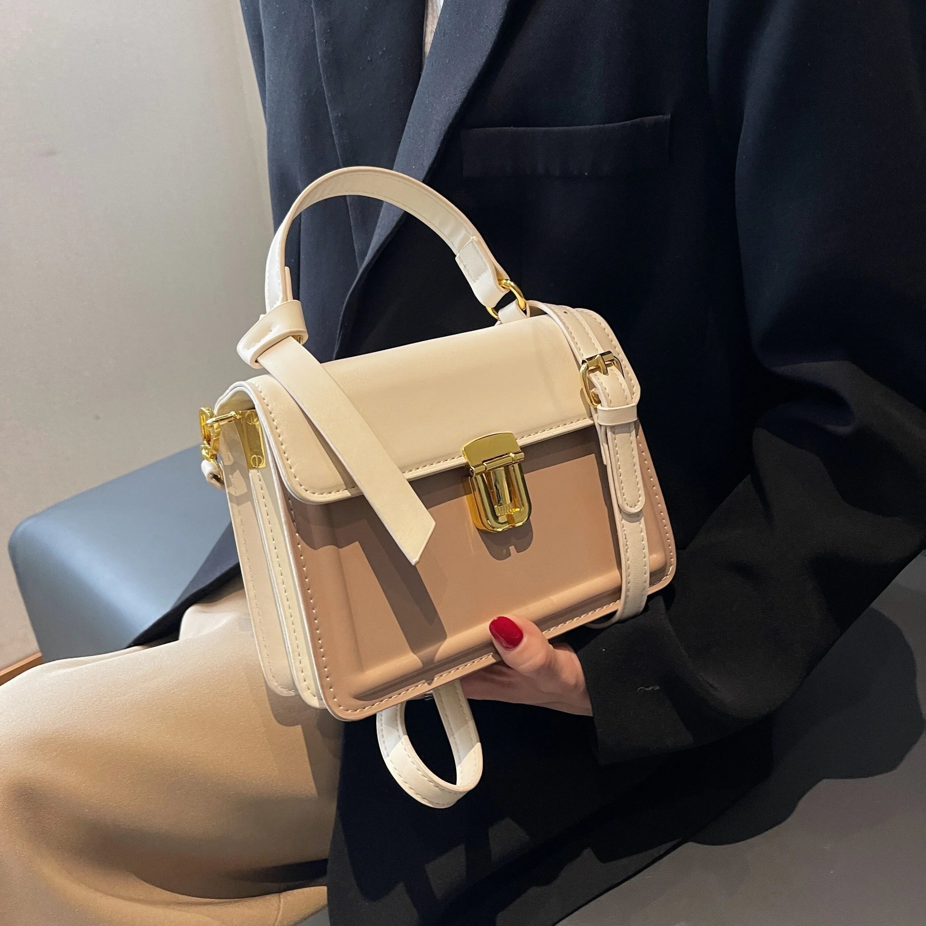 Junior Fastener Decor Handbag, Trendy Square Crossbody Bag, Faux Leather Flap Purse For Women (7.9*5.93*3.16) Inch
