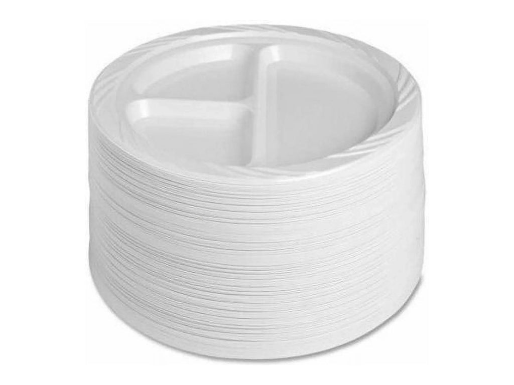 Genuine Joe 3-section Round Plastic Plates, 9", 125 Pack, GJO10425