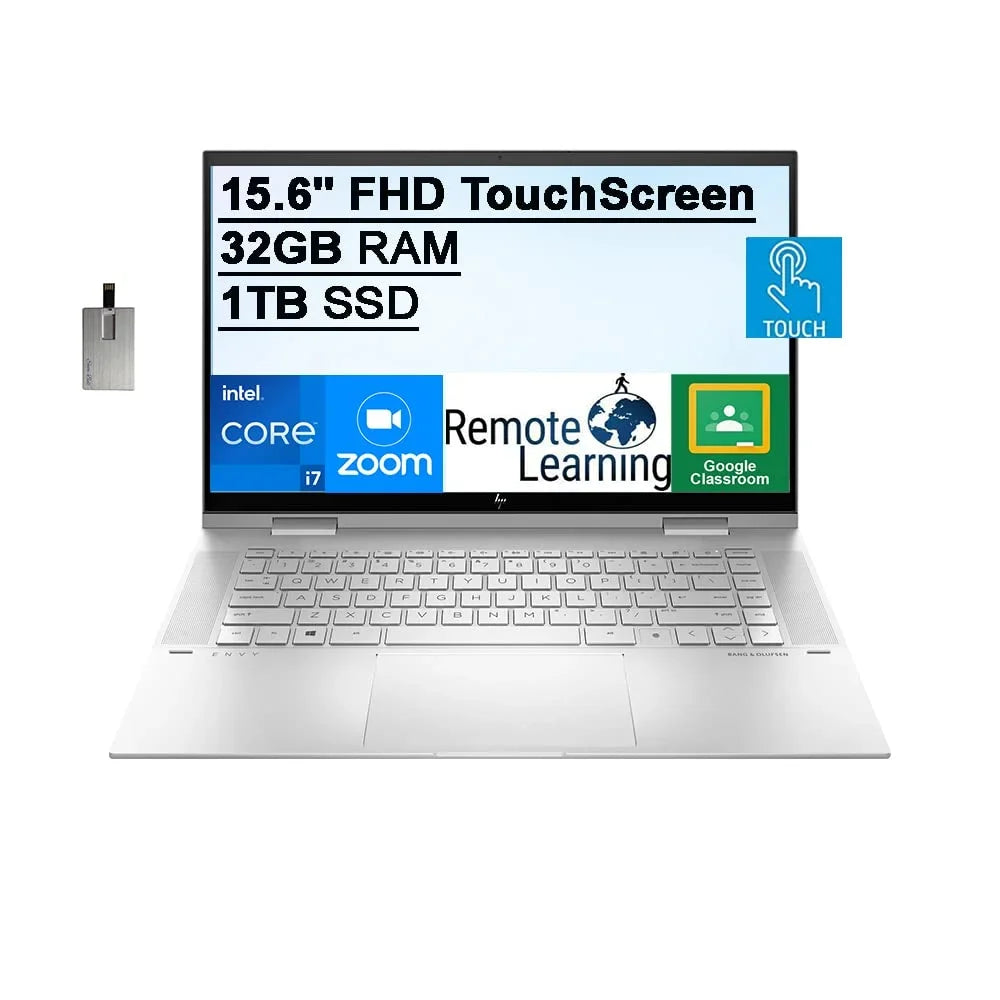 HP 2021 Envy 2-in-1 15.6" FHD Touchscreen Laptop Computer, 11th Gen i7-1195G7, 32GB RAM, 1TB PCIe SSD, Backlit Keyboard, Iris Xe Graphics, HD Webcam, Win 11, Silver, 32GB USB Card