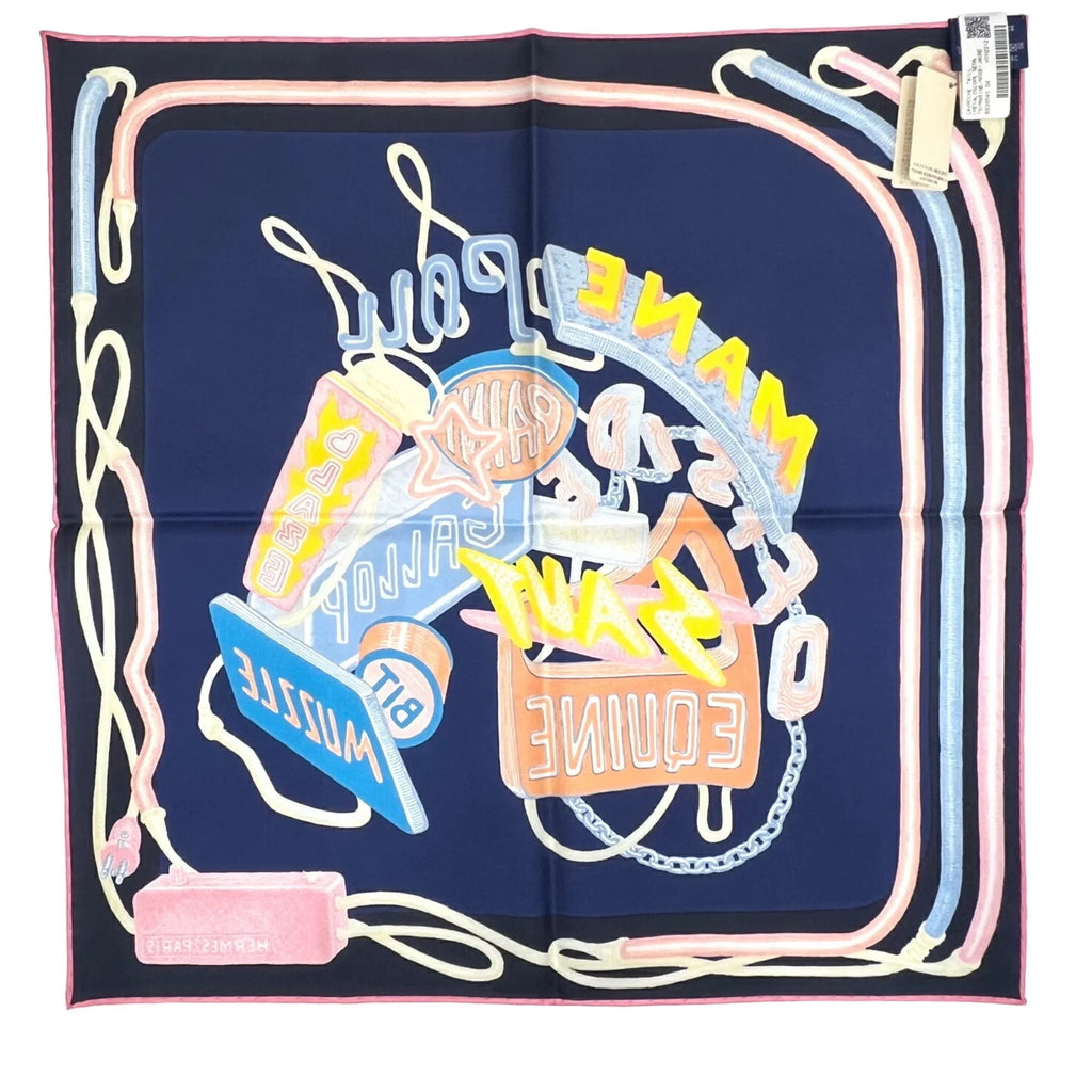 Pre-Owned Hermes HERMES Carre 45 Chevaloscope Neon Pointill 23SS Scarf Mini New Silk Ladies Marine Rose Jaune Horse (Like New)