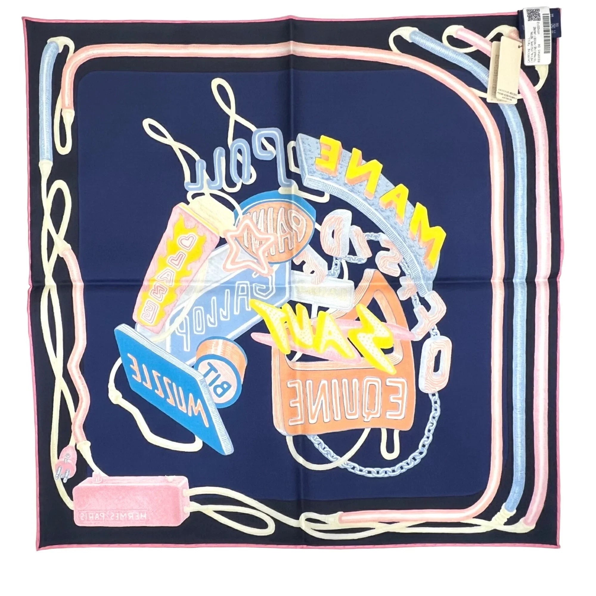 Pre-Owned Hermes HERMES Carre 45 Chevaloscope Neon Pointill 23SS Scarf Mini New Silk Ladies Marine Rose Jaune Horse (Like New)