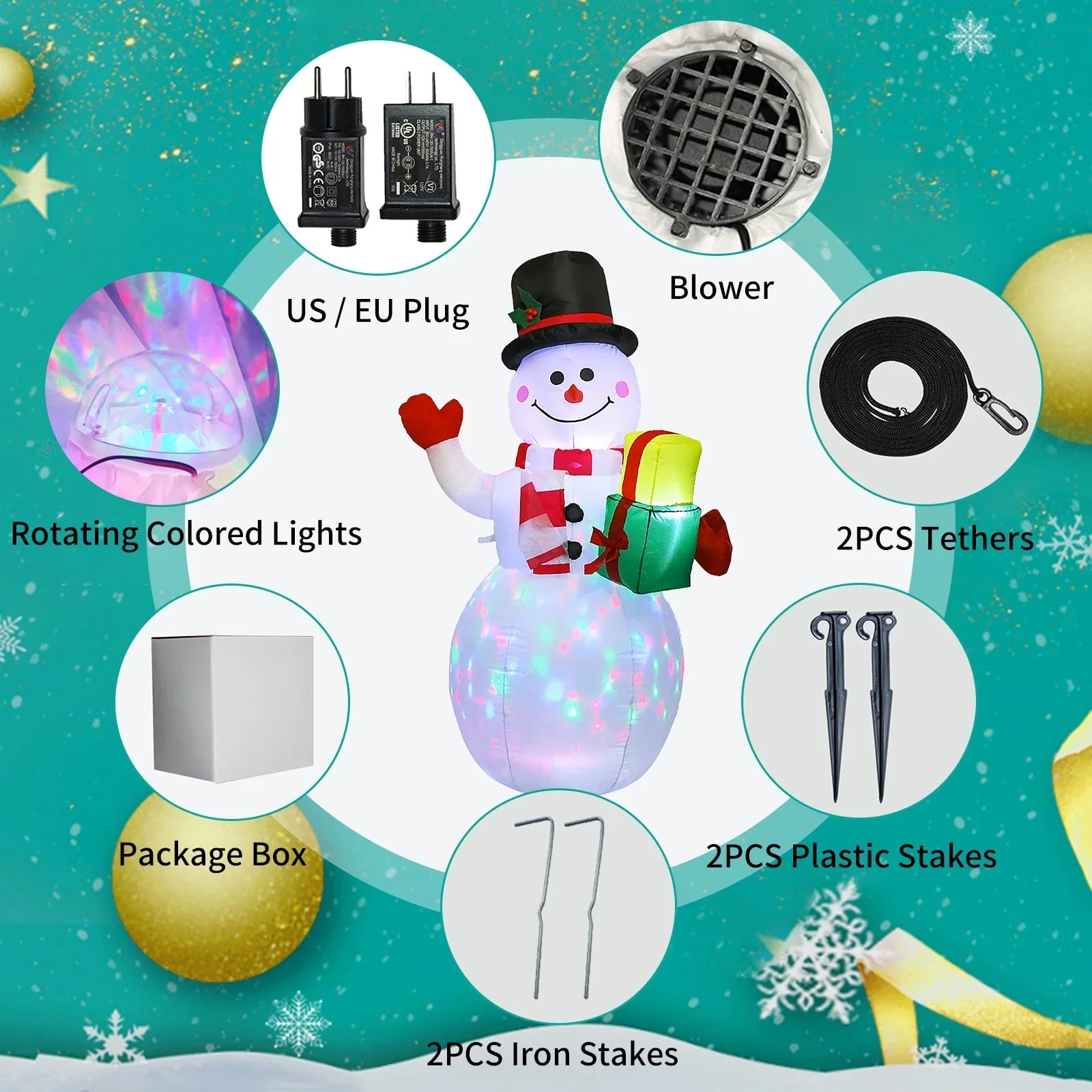 5FT Christmas Inflatables Snowman Shaped LED Rotating Colored Lights Blow Up Xmas Inflatable Props With Fixed Stakes Tethers for Outdoor Garden Yard Party Decoration