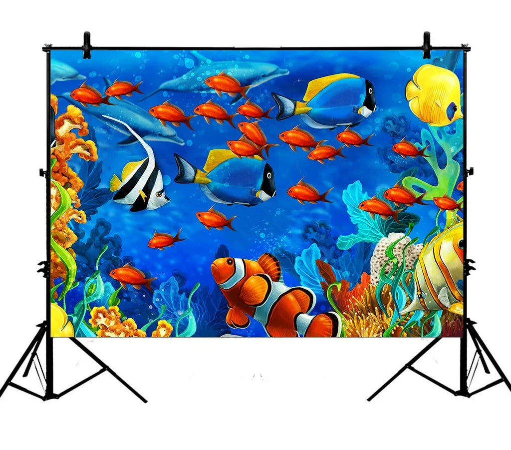 GCKG 7x5ft Sea World Photography Backdrop,Underwater World Ocean Animals Fish Coral Polyester Photography Backdrop Studio Photo Props Background