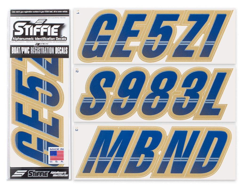 STIFFIE Techtron Navy/Gold 3" Alpha-Numeric Identification Custom Kit Registration Numbers & Letters Marine Stickers Decals for Vessel & Personal Watercraft PWC
