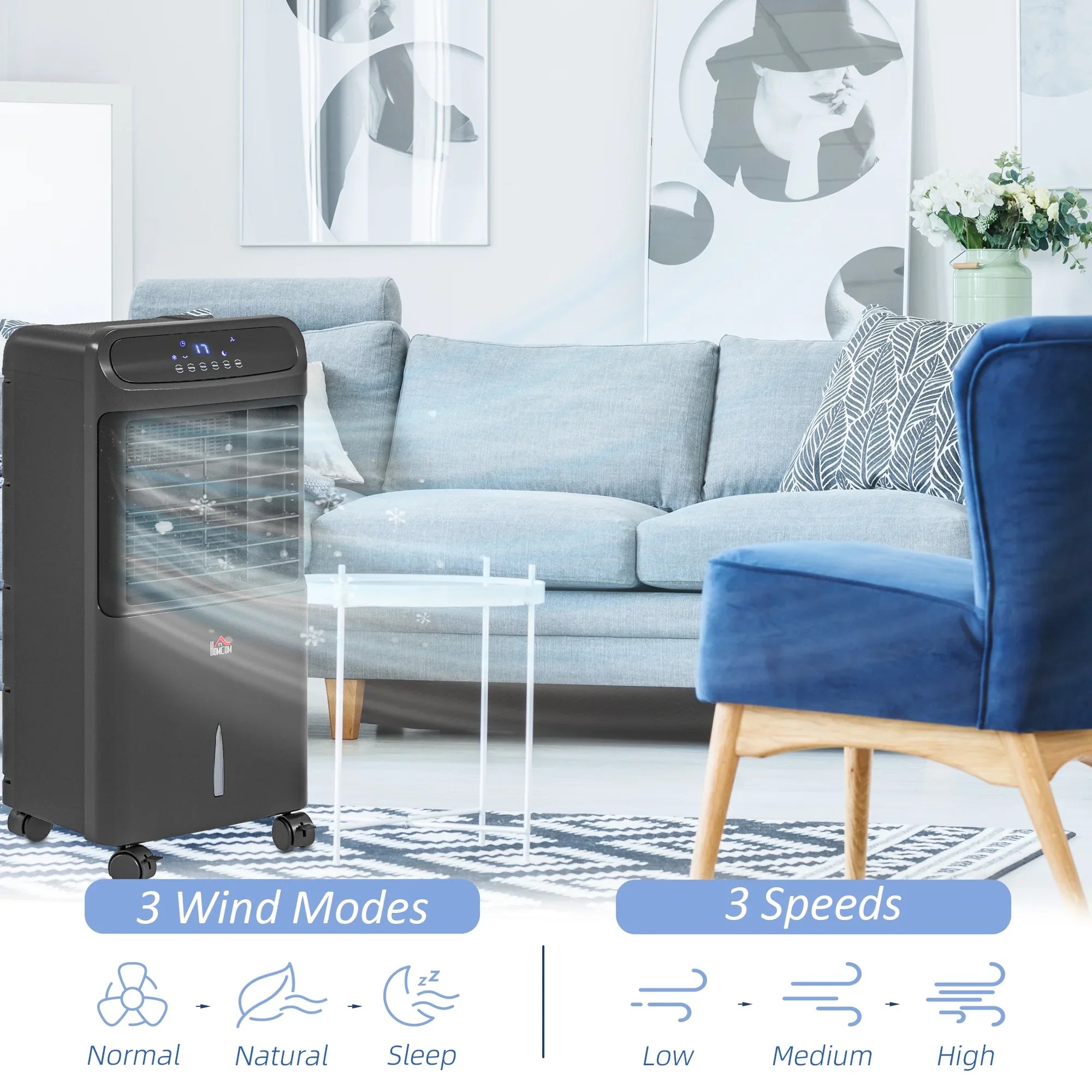 HOMCOM 3-In-1 Mobile Evaporative Air Cooler with Remote Oscillating Black