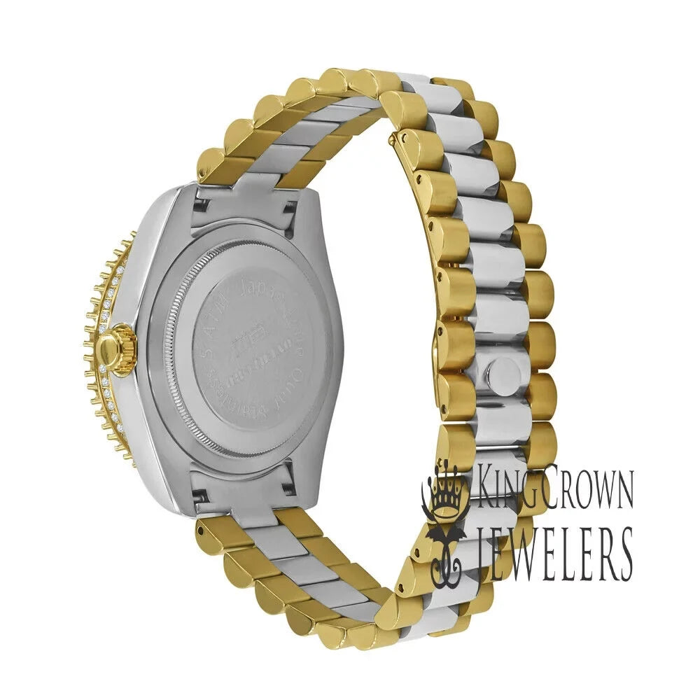 Mens Roman Numbers Face Green Dial Full Stainless Steel 18k 2 Tone Gold Diamond Watch 42mm