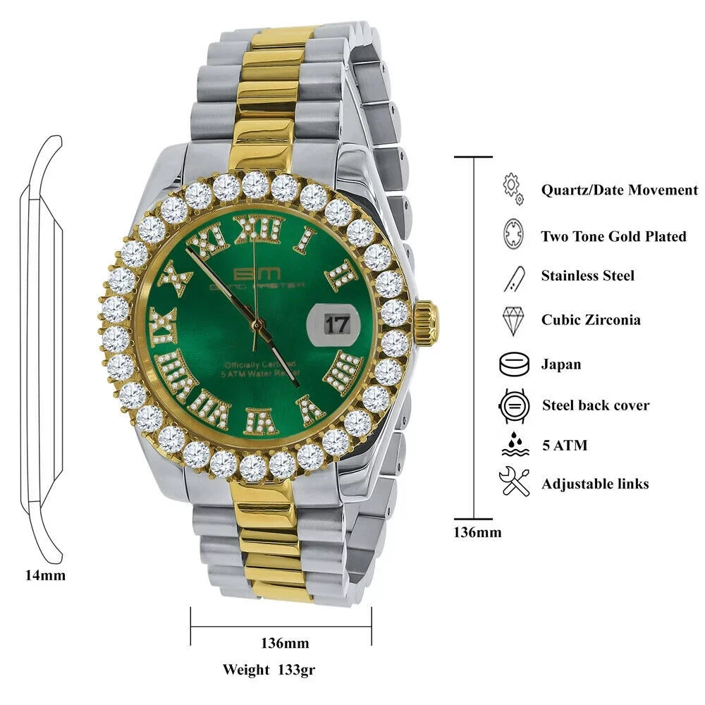Mens Roman Numbers Face Green Dial Full Stainless Steel 18k 2 Tone Gold Diamond Watch 42mm