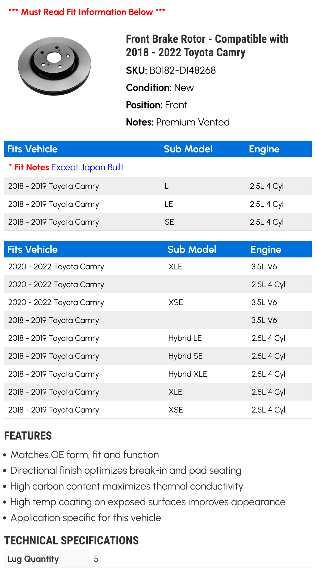Front Brake Rotor - Fitting with 2018 - 2022 Toyota Camry 2019 2020 2021