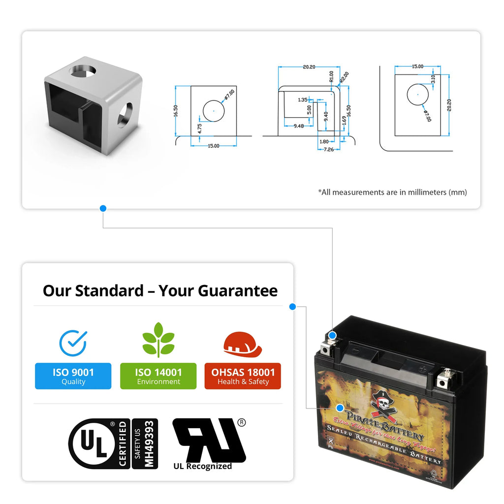 Pirate Battery Y50-N18L-A3 (50-N18L-A3 12 Volt,20 Ah, 260 CCA) Power Sports Battery replaces Gtx18l-bs M6250h 44006