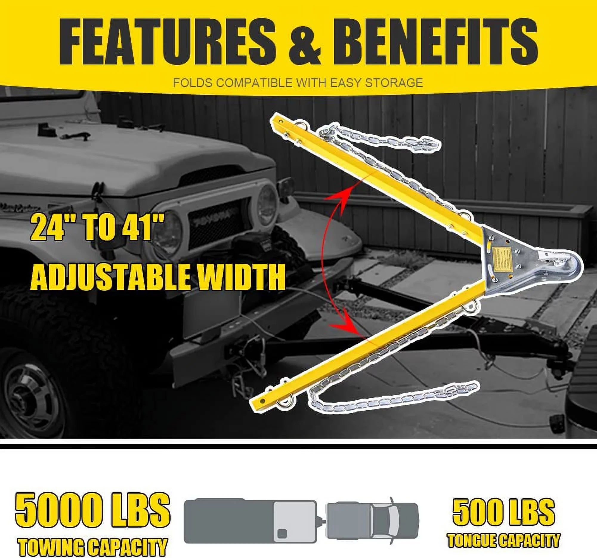 HPDAVV Yellow Adjustable Tow Towing Bar / Adjustable Tow Bar Kit Bumper Mount 5000lb w/Chains RV Car Truck Fitting with Jeep System