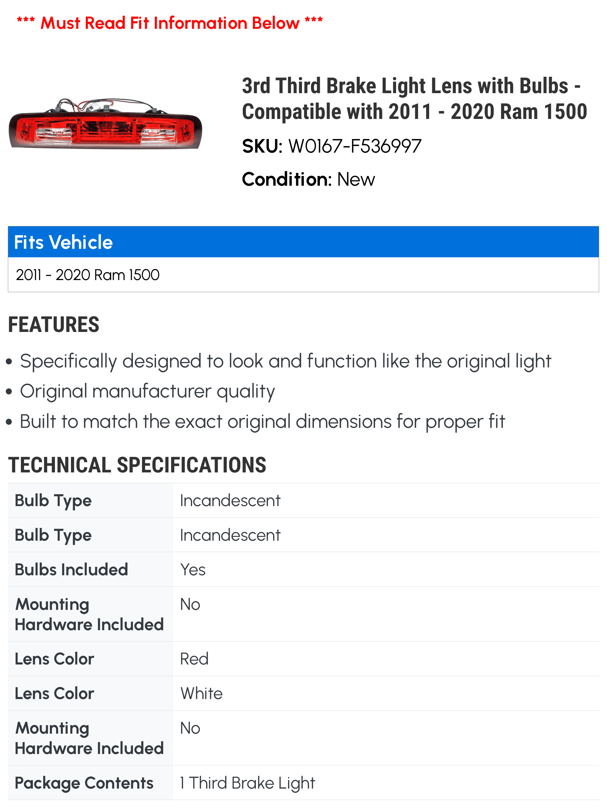3rd Third Brake Light Lens with Bulbs - Suitable with 2011 - 2020 Ram 1500 2012 2013 2014 2015 2016 2017 2018 2019