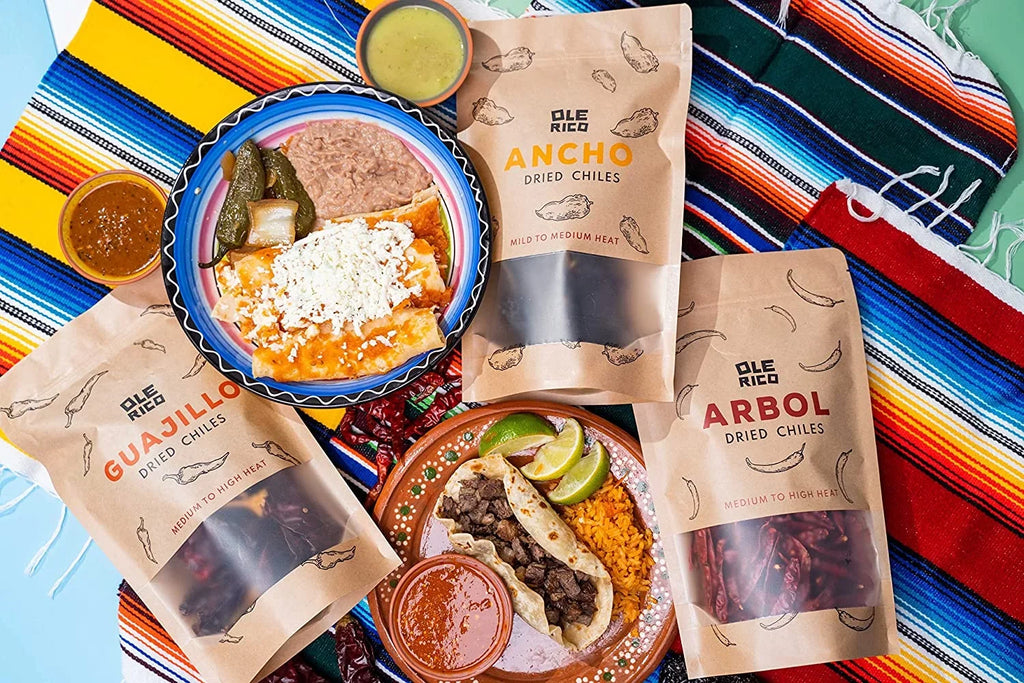 OLÉ RICO - Dried Chile Peppers 3 Pack Bundle (12 oz Total) - Ancho Chiles, Guajillo Chiles and Arbol Chiles - The Spicy Trio - Excellent For Mexican Recipes - Packaged In Resealable Bags