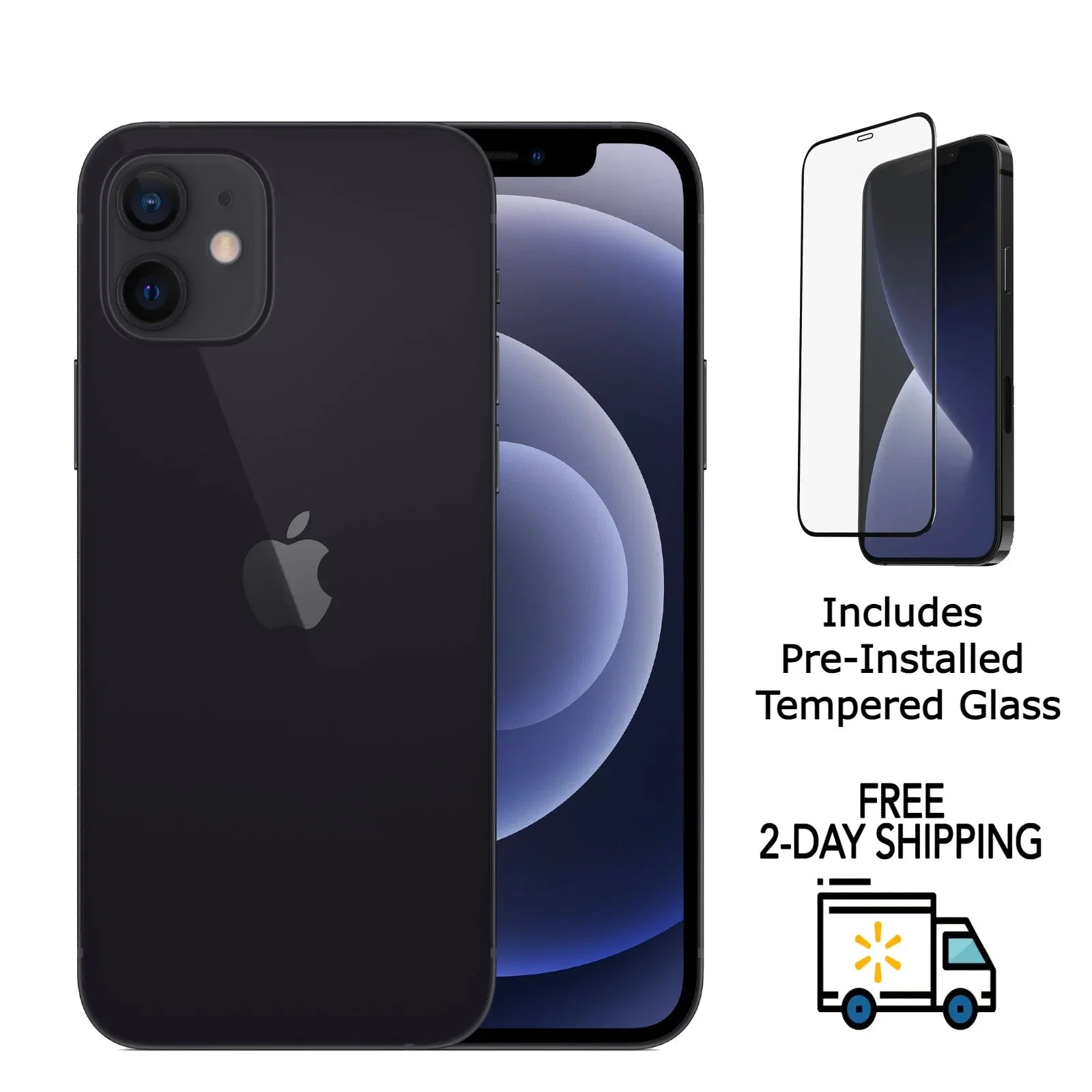Restored Apple iPhone 12 A2172 (Fully Unlocked) 64GB Black w/ Pre-Installed Tempered Glass (Refurbished)