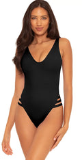 Becca by Rebecca Virtue BLACK Fine Line Rib Sophie One-Piece Swimsuit, US Small