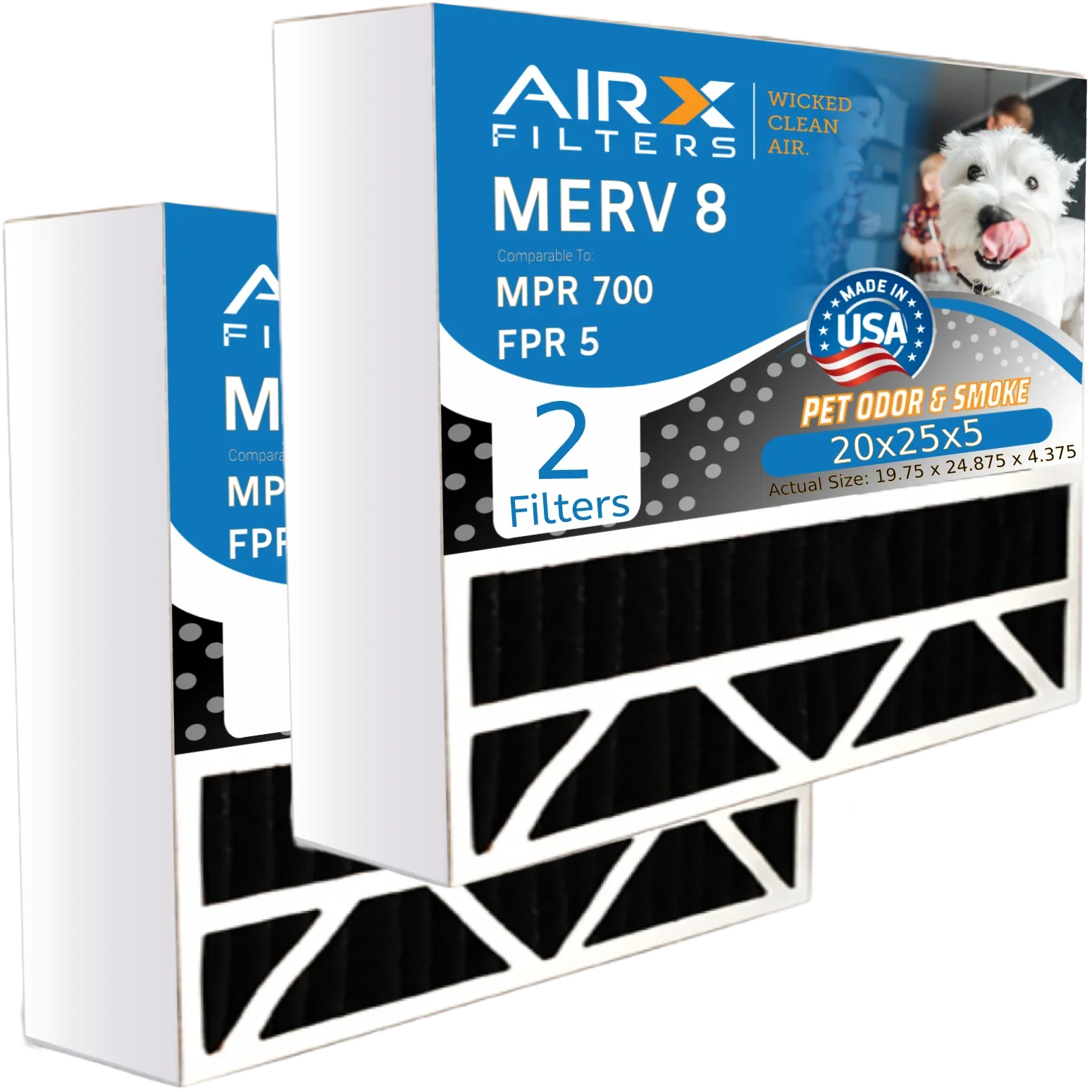 20x25x5 Air Filter Odor Eliminator Carbon Filter MERV 8 Comparable to MPR 700 & FPR 5 Matching with Honeywell FC100A1037 2 Pack by AIRX FILTERS WICKED CLEAN AIR.