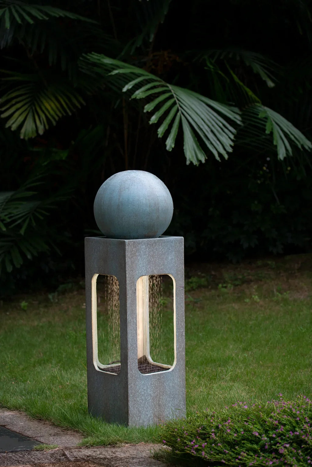 CoSoTower 13X13X44" Tall Contemporary Sphere Outdoor Water Fountain, Cement/Concrete Outdoor Fountain, Antique Blue Raindrop Water Feature with Light for Garden, Lawn, Deck & Patio