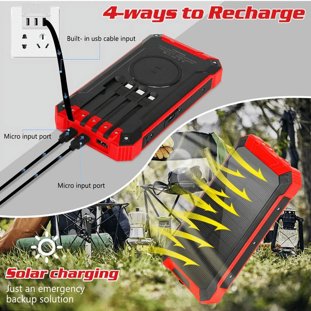Solar Power Bank 20000mAh Built-in 4 Cables Qi Wireless Charger For Ulefone Armor 9 with LED Flashlight Solar Portable External Battery IPX4 Waterproof 15W 5V/3A USB C Port 6 Outputs 3 Inputs