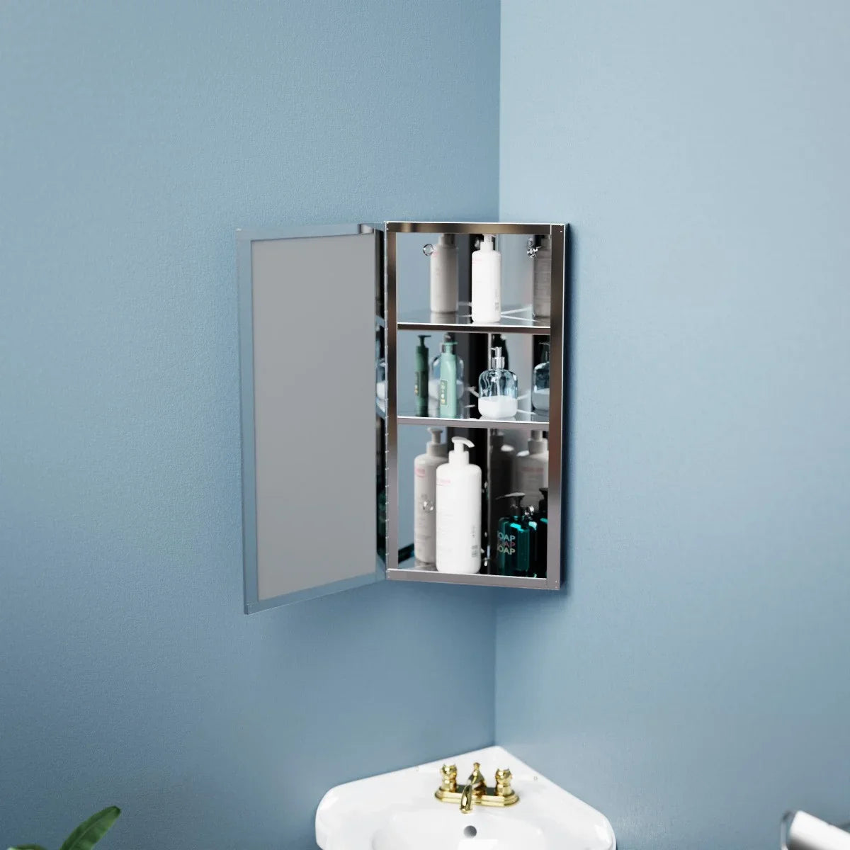 Corner Medicine Cabinet w/Mirror Bathroom Stainless Steel Wall Mount Cabinet Triple Shelf Opens to Left w/Screws Renovator's Supply