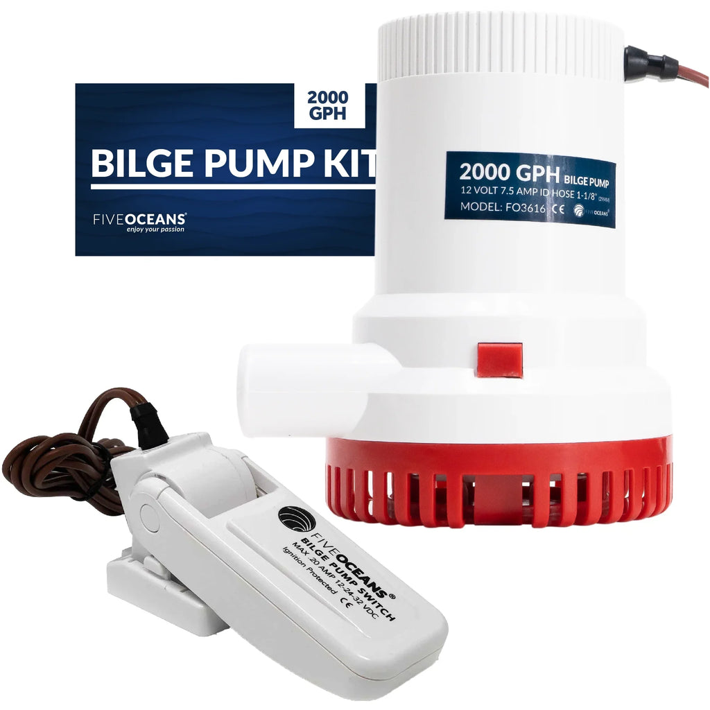Five Oceans 2000 GPH / 7571 LPH Automatic Bilge Pump Kit, 12-Volts, 1-1/8-Inch (29mm) Inside Diameter Hose, with Heavy-Duty Float Switch - FO3616-C2