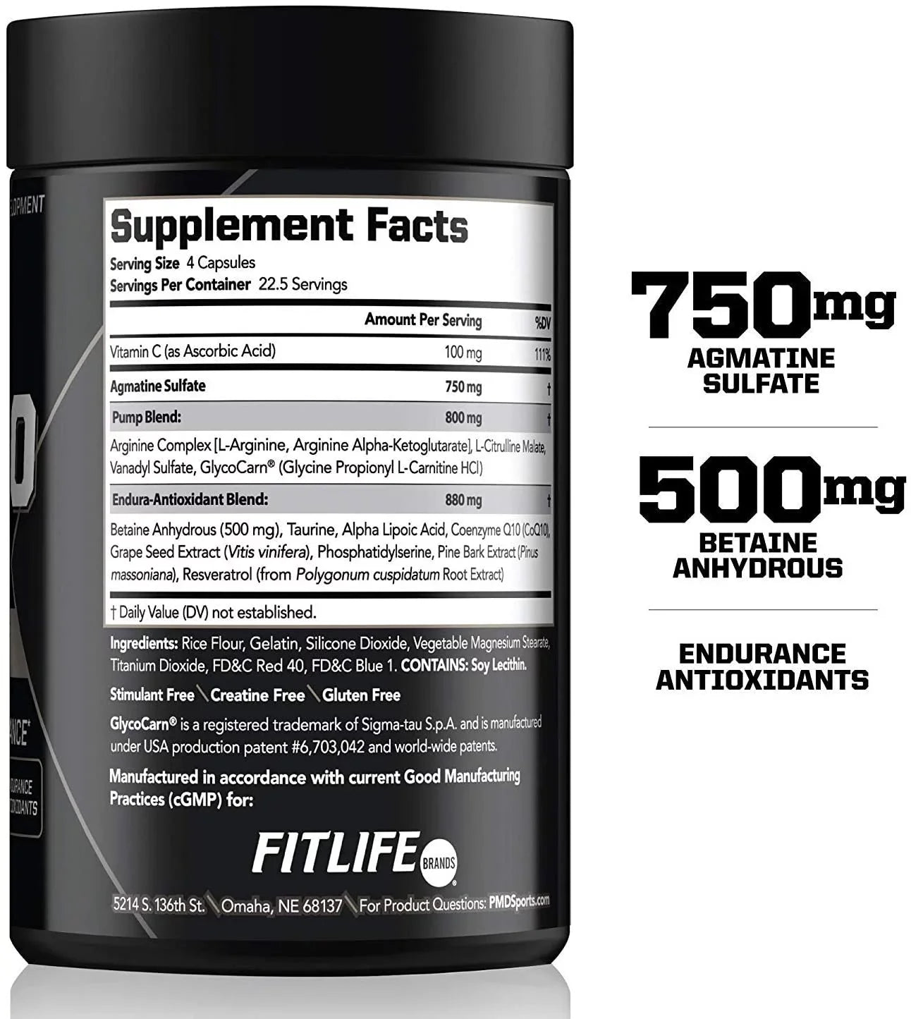PMD Sports Nitro cm - Nitric Oxide with Agmatine Pre Workout Supplement - Muscle Growth Pre-Workout with L Arginine - Endurance Boost for Hardcore Exercise, Training, and Bodybuilding - (90 Capsules)