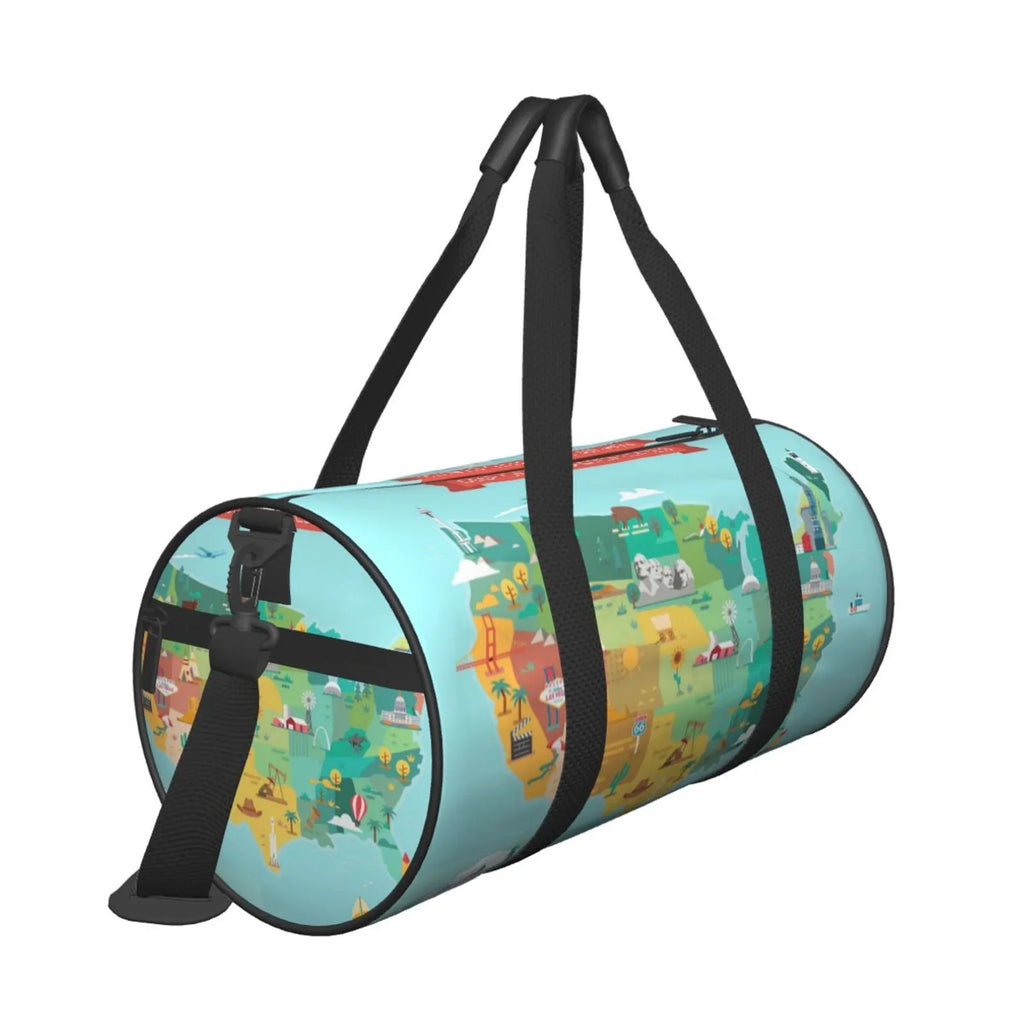Coaee USA Tourist Map Large Capacity Travel Luggage Bag Cylinder Gym Bag Waterproof Sports Bag with Pocket and Compartment
