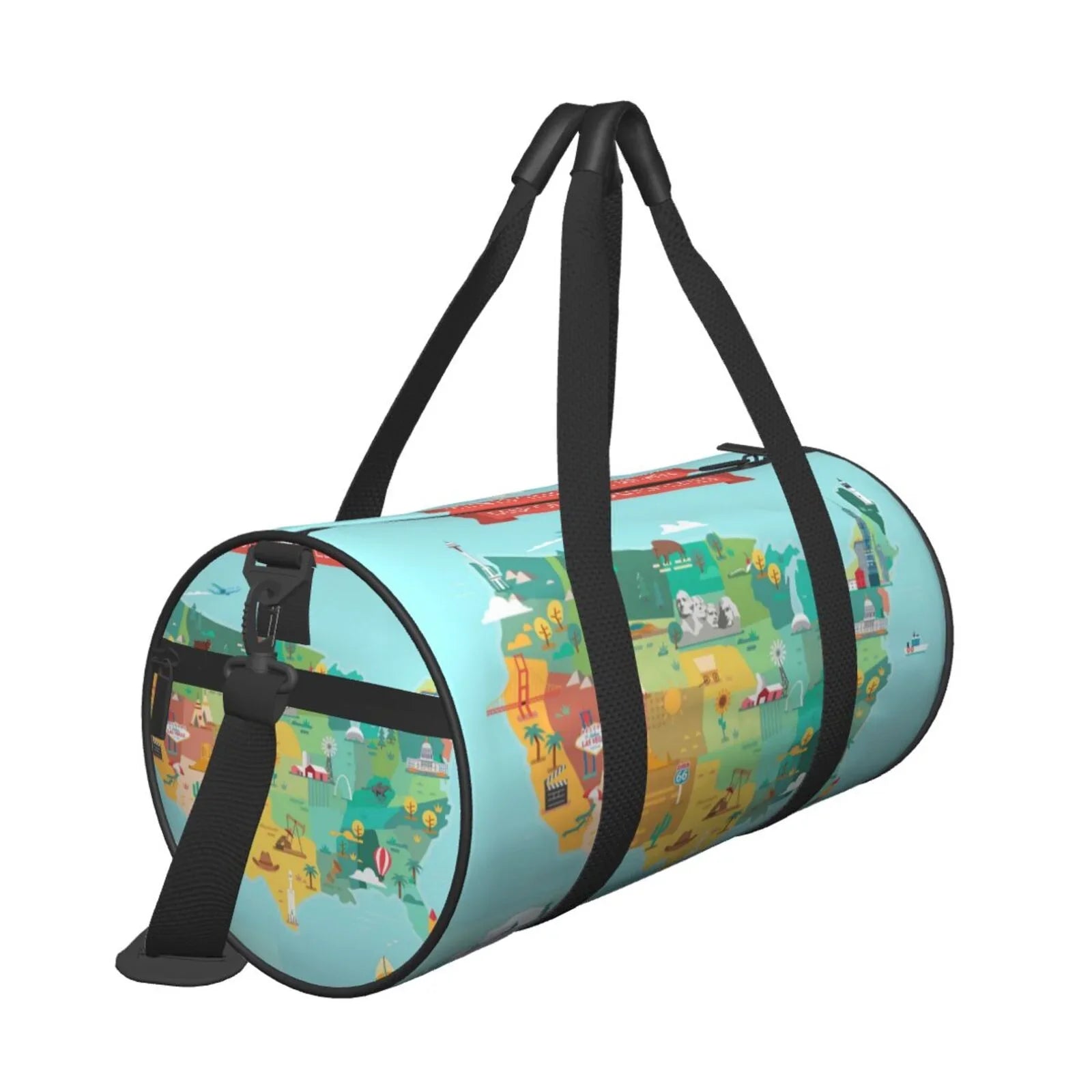 Coaee USA Tourist Map Large Capacity Travel Luggage Bag Cylinder Gym Bag Waterproof Sports Bag with Pocket and Compartment