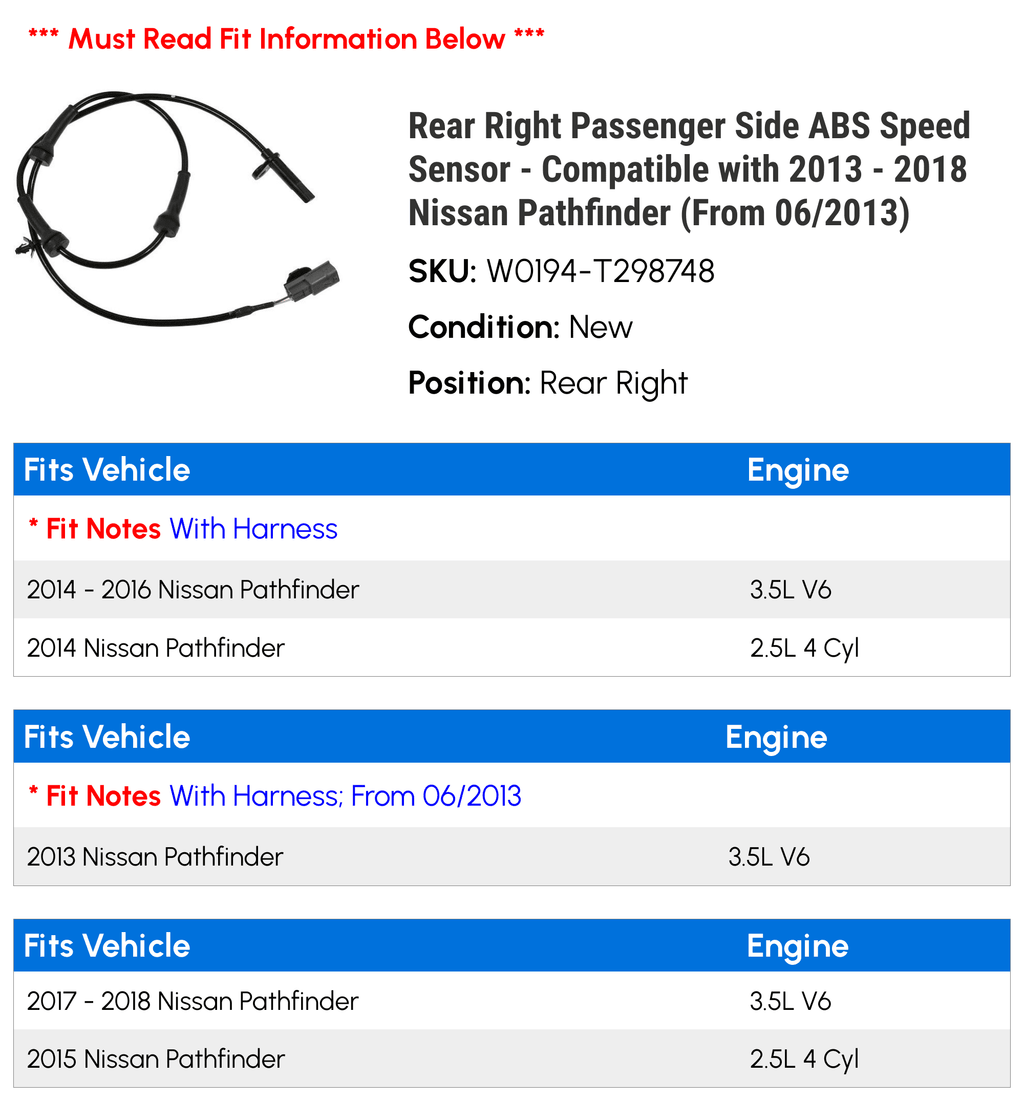 Rear Right Passenger Side ABS Speed Sensor - Fitting with 2013 - 2018 Nissan Pathfinder (From 06/2013) 2014 2015 2016 2017