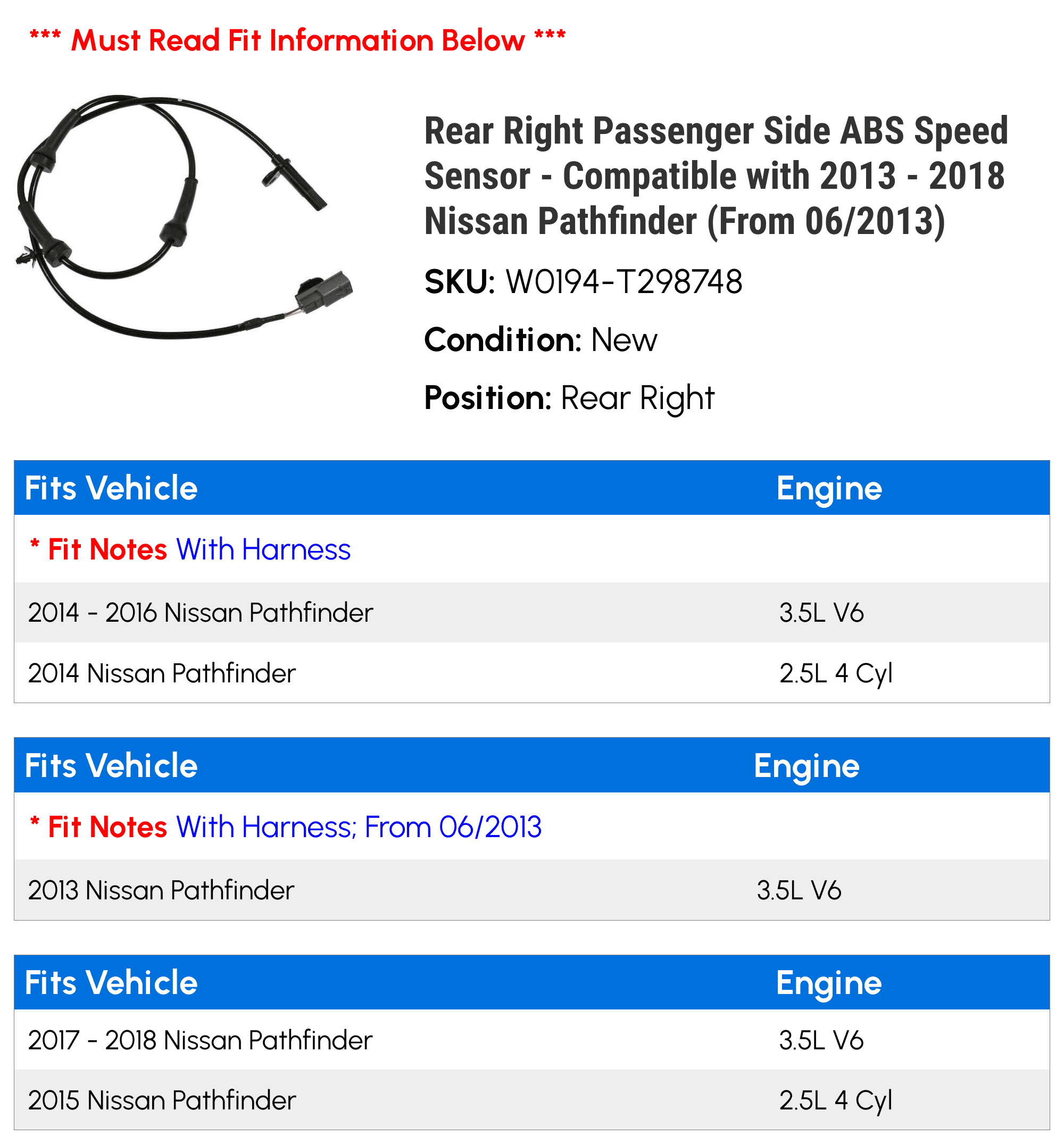 Rear Right Passenger Side ABS Speed Sensor - Fitting with 2013 - 2018 Nissan Pathfinder (From 06/2013) 2014 2015 2016 2017