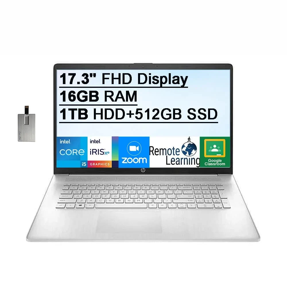 2021 HP 17.3" FHD IPS 250 Nits Laptop Computer, i5-1155G7 Processor, 16GB RAM, 1TB HDD+512GB SSD, Backlit Keyboard, Iris Xe Graphics, HD Webcam, HD Audio, Win11, Silver, 32GB USB Card