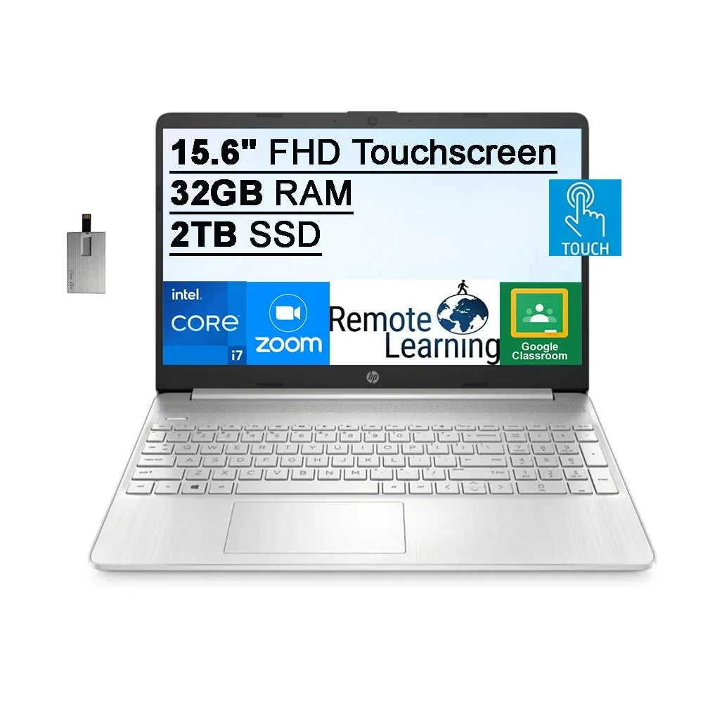 HP 2021 15.6" FHD IPS Touchscreen Laptop Computer, i7-1165G7 (Beats i7-1065g7), 32GB RAM, 2TB SSD, Iris Xe Graphics, HD Webcam, HD Audio, Windows 11 S, Silver, 32GB SnowBell USB Card