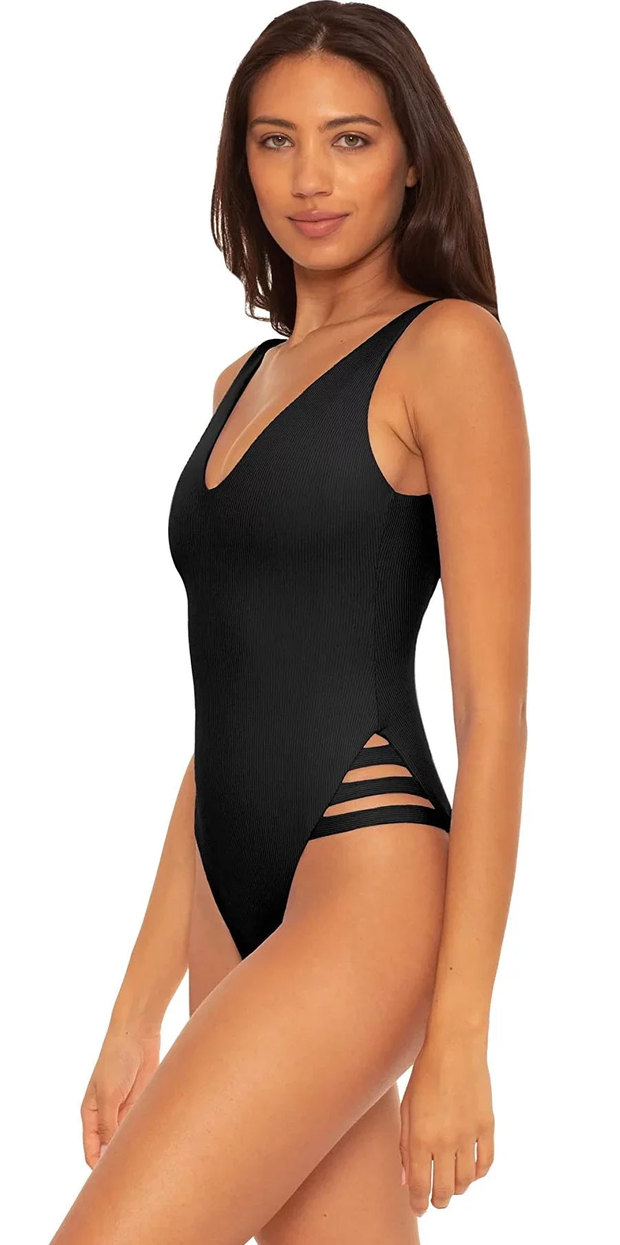 Becca by Rebecca Virtue BLACK Fine Line Rib Sophie One-Piece Swimsuit, US Small