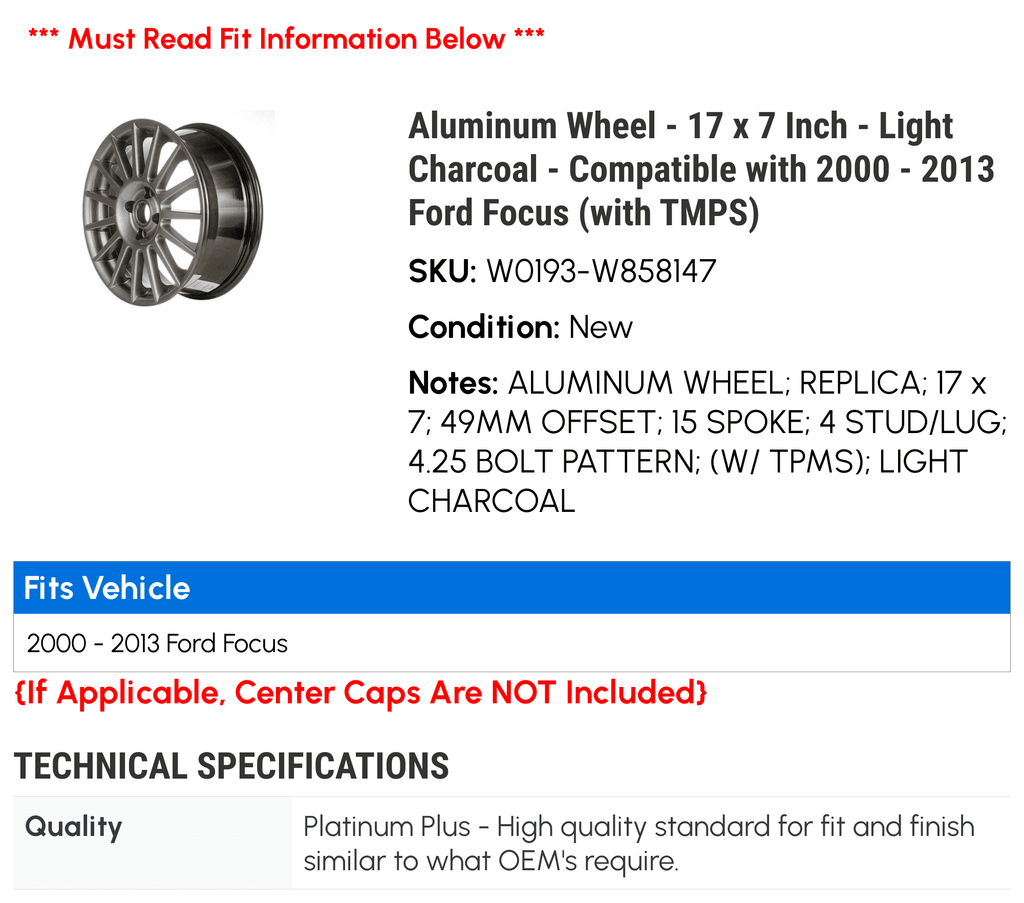 Aluminum Wheel - 17 x 7 Inch - Light Charcoal - Fitting with 2000 - 2013 Ford Focus (with TMPS) 2001 2002 2003 2004 2005 2006 2007 2008 2009 2010 2011 2012