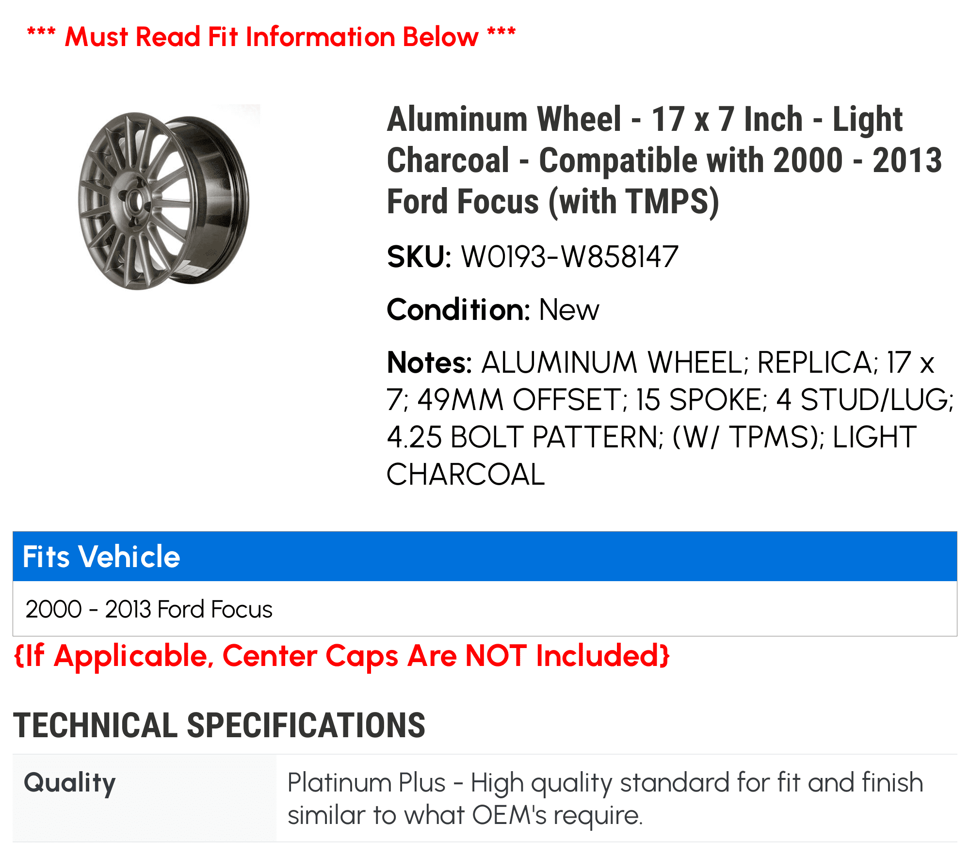 Aluminum Wheel - 17 x 7 Inch - Light Charcoal - Fitting with 2000 - 2013 Ford Focus (with TMPS) 2001 2002 2003 2004 2005 2006 2007 2008 2009 2010 2011 2012