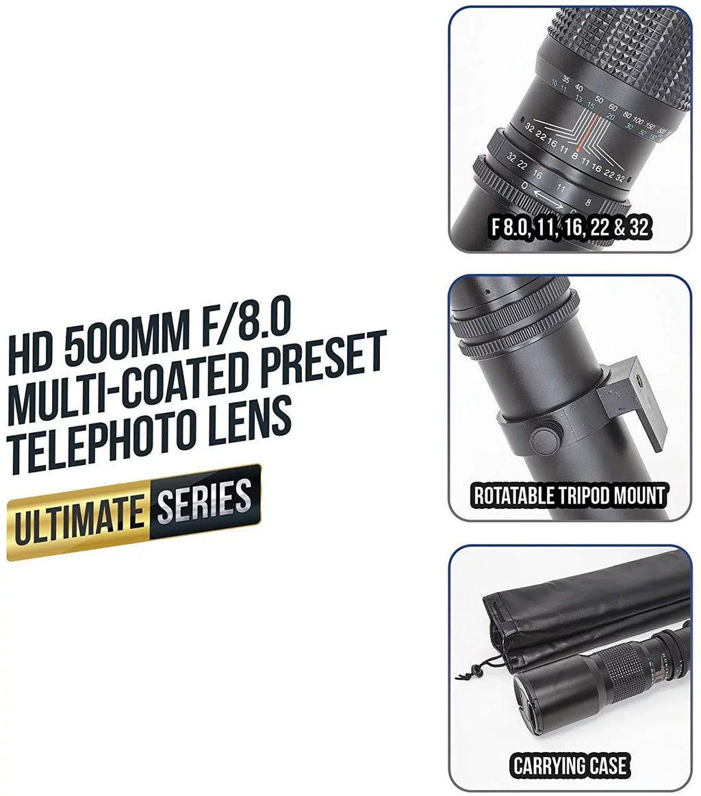 Ultimaxx 500mm/1000mm f/8 Multi-Coated Preset Telephoto Lens Includes Ultimaxx 2.0X Tele-Converter + T-Mount Adapter for Canon EF Mount & Microfiber Cleaning Cloth - Matching with SLR/DSLR Cameras