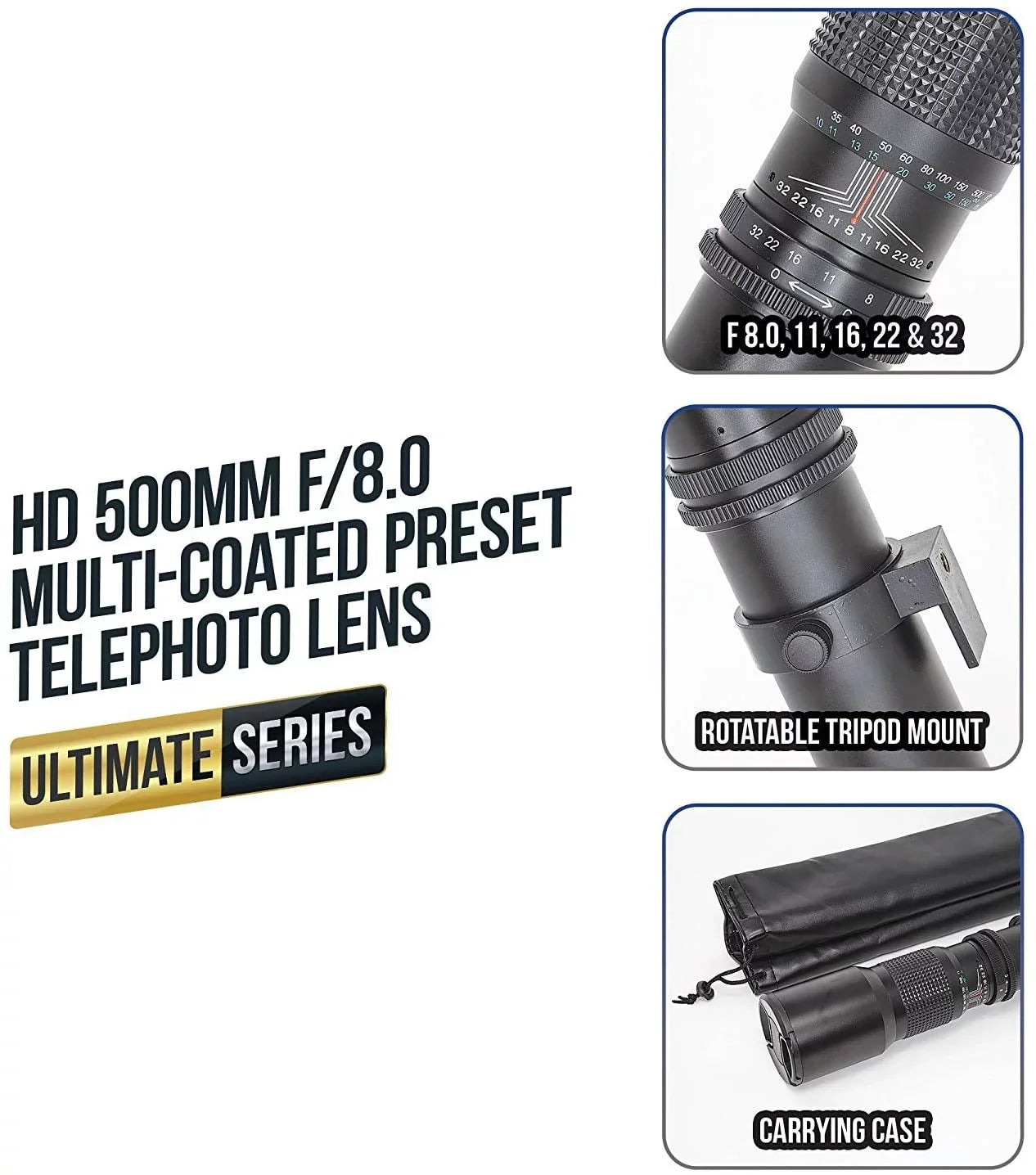 Ultimaxx 500mm/1000mm f/8 Multi-Coated Preset Telephoto Lens Includes Ultimaxx 2.0X Tele-Converter + T-Mount Adapter for Canon EF Mount & Microfiber Cleaning Cloth - Matching with SLR/DSLR Cameras