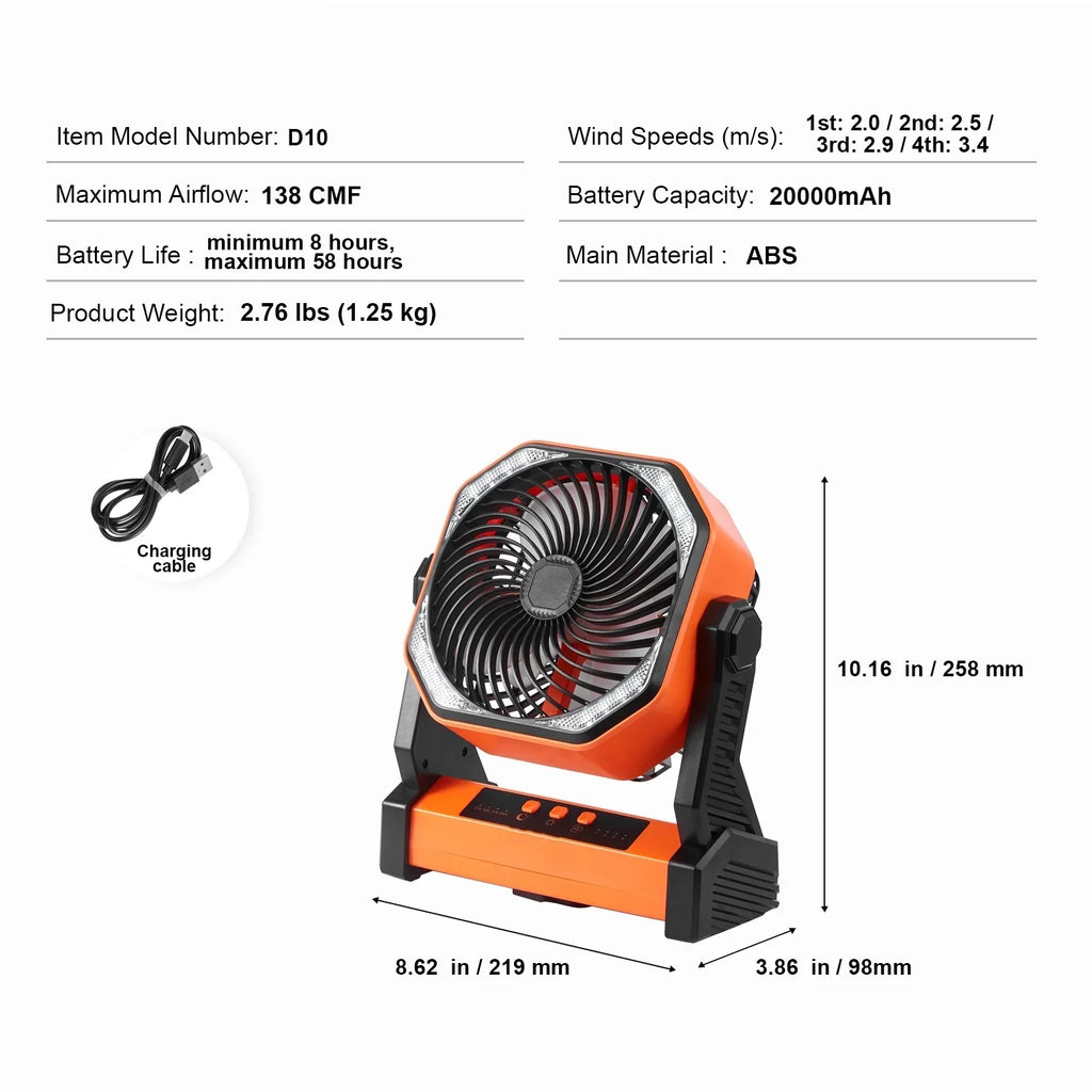 SKYSHALO 8 inch Portable Fan Rechargeable with LED Lantern 4 Speeds Adjustable