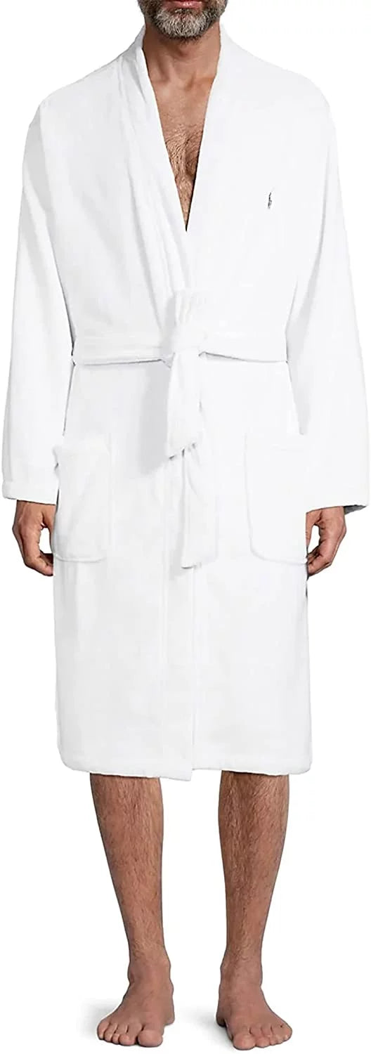 Polo Ralph Lauren Mens Cotton Velour Kimono Robe White/Rugby Royal Large