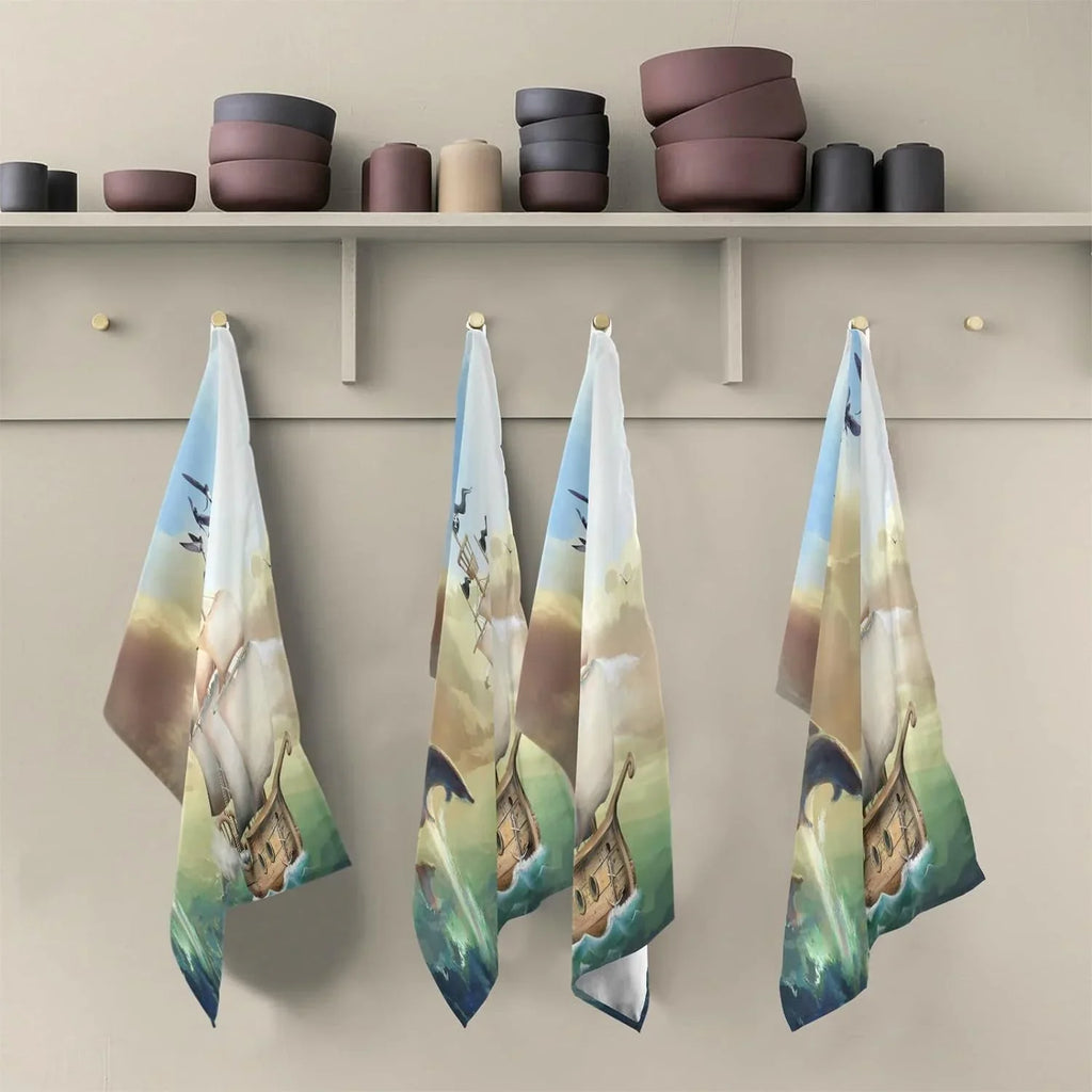 Jumping Dolphins Vessel Tea Towels Set of 6 Ocean Summer Kitchen Dish Cloth with Hanging Loop, 18"x28"Lint-Free Absorbent Towel for Kitchen Drying Wiping and Cleaning