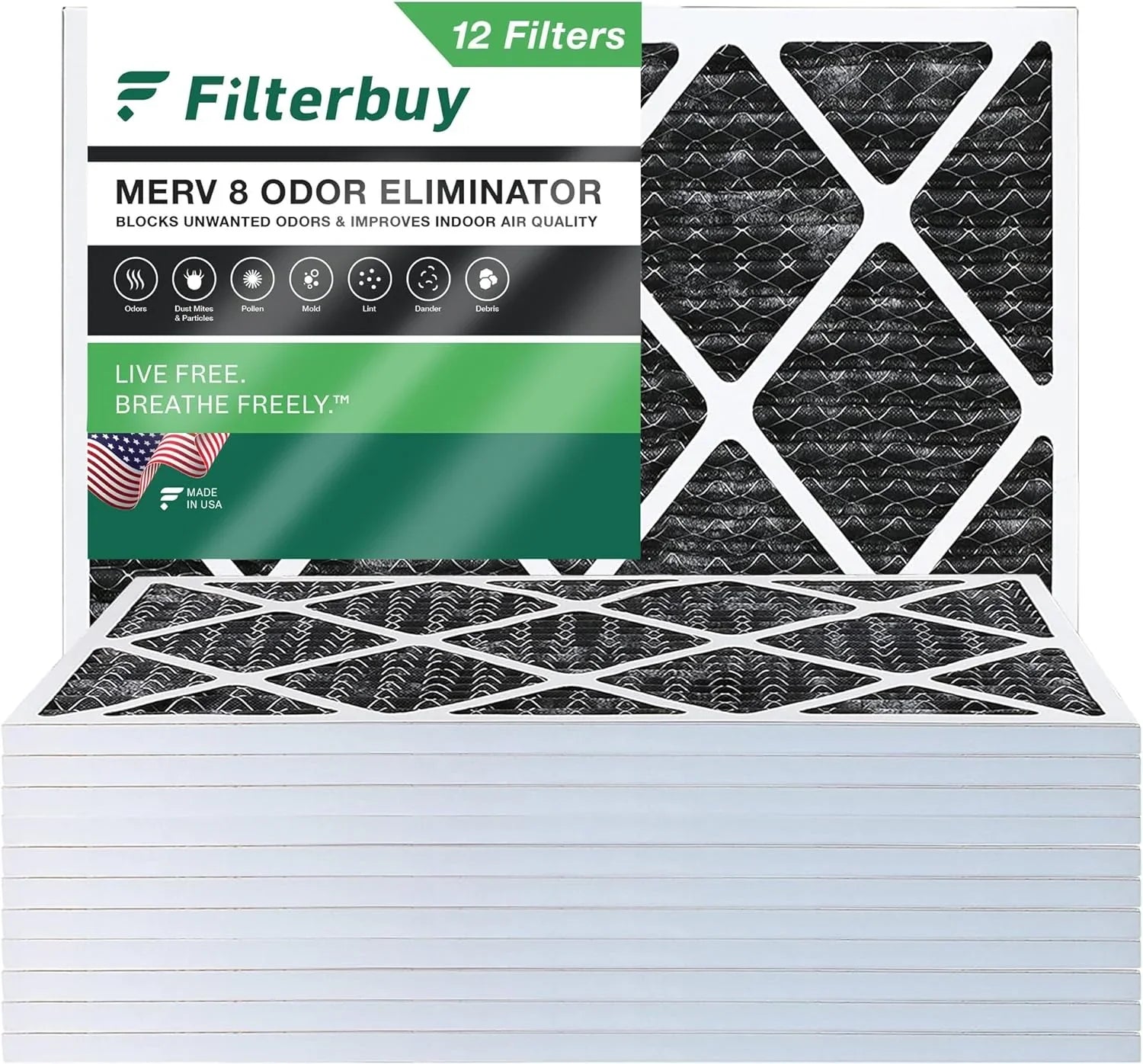 Filterbuy 14x20x1 MERV 8 Odor Eliminator Pleated HVAC AC Furnace Air Filters with Activated Carbon (12-Pack)
