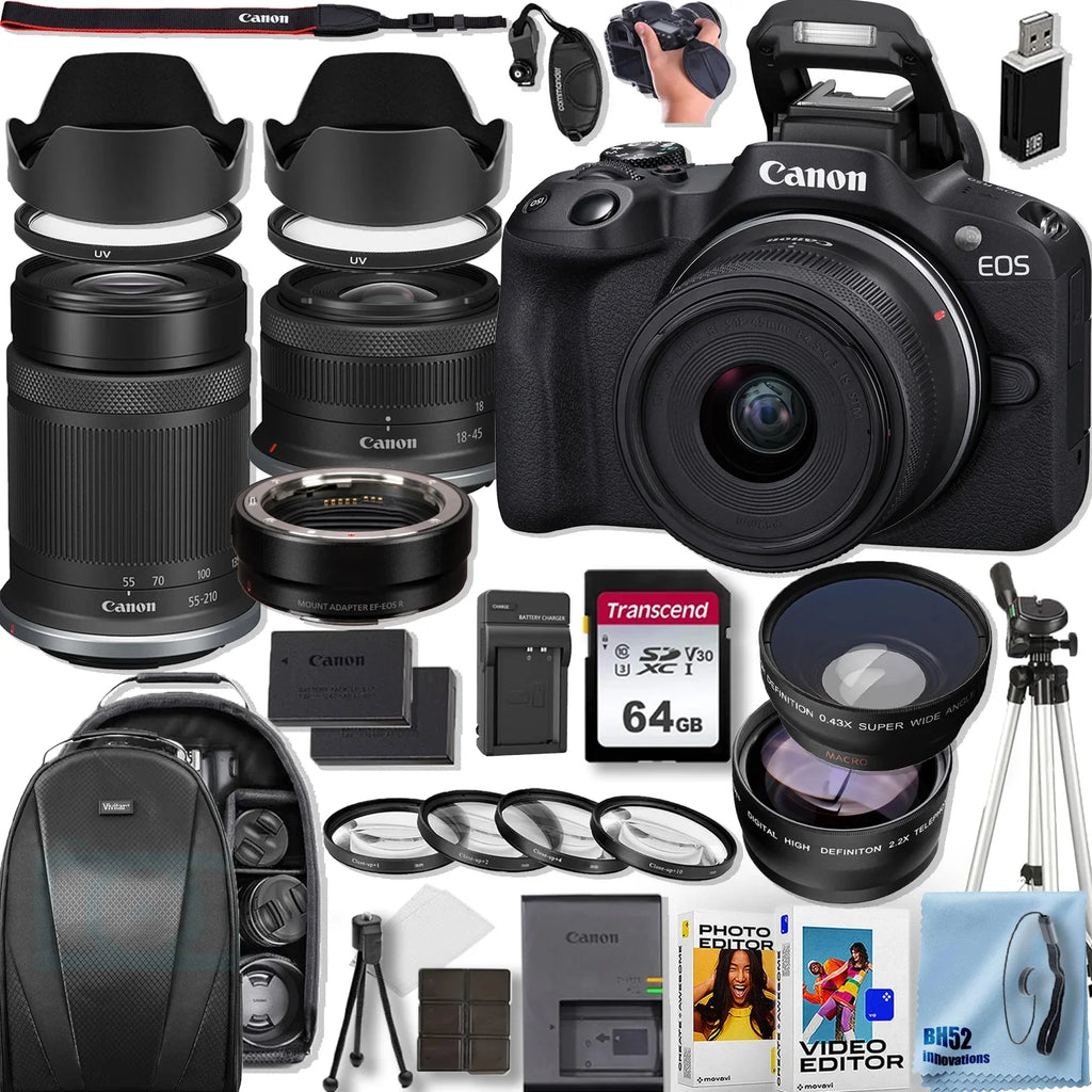 Canon EOS Rebel SL3 DSLR Camera With EF-S 18-55mm f/4-5.6 IS STM Lens + 64 GB Memory + Hood + Extra Battery + Battery Charger + Filters + More (27pc Bundle)