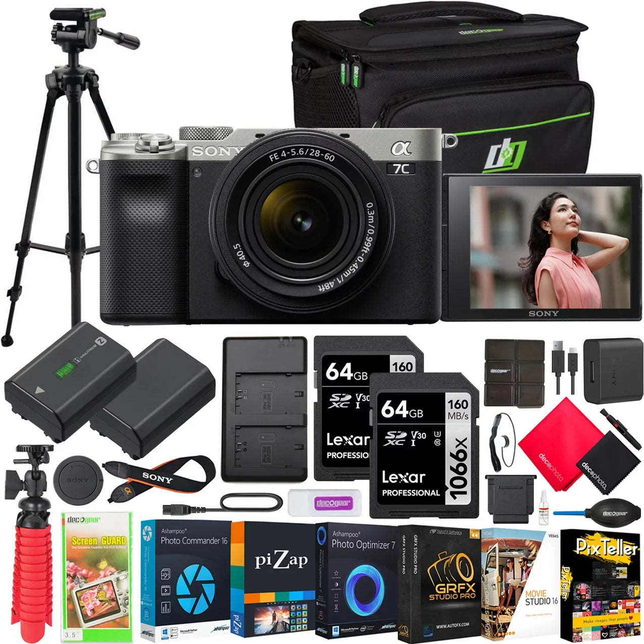 Sony a7C Mirrorless Full Frame Camera Body with 28-60mm F4-5.6 Lens Kit Silver ILCE7CL/S Bundle with Deco Gear Photography Case + Tripod + Extra Battery, Dual Charger, Software and Accessories