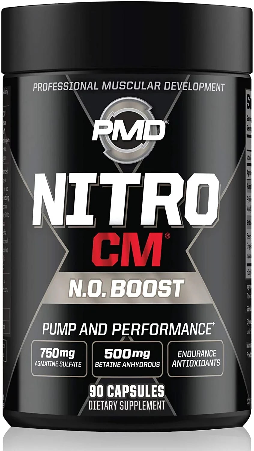 PMD Sports Nitro cm - Nitric Oxide with Agmatine Pre Workout Supplement - Muscle Growth Pre-Workout with L Arginine - Endurance Boost for Hardcore Exercise, Training, and Bodybuilding - (90 Capsules)