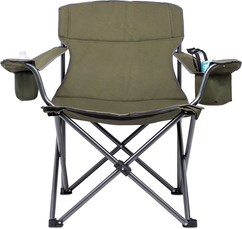 Internet's Best XL Padded Camping Folding Chair - Cooler Bag - Outdoor - Green - Sports - Insulated Cup Holder - Heavy Duty - Carrying Case - Beach - Extra Wide - Quad
