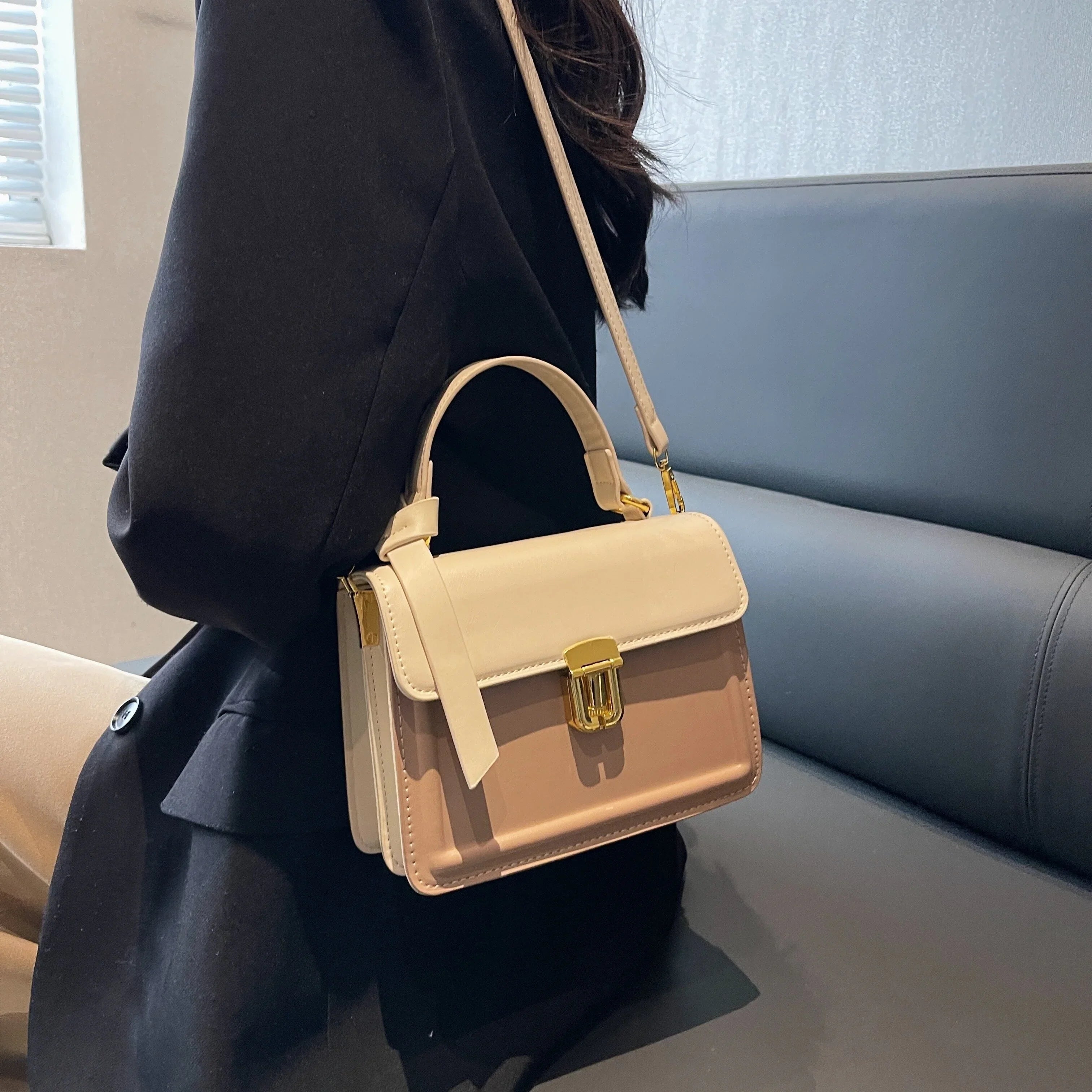 Junior Fastener Decor Handbag, Trendy Square Crossbody Bag, Faux Leather Flap Purse For Women (7.9*5.93*3.16) Inch